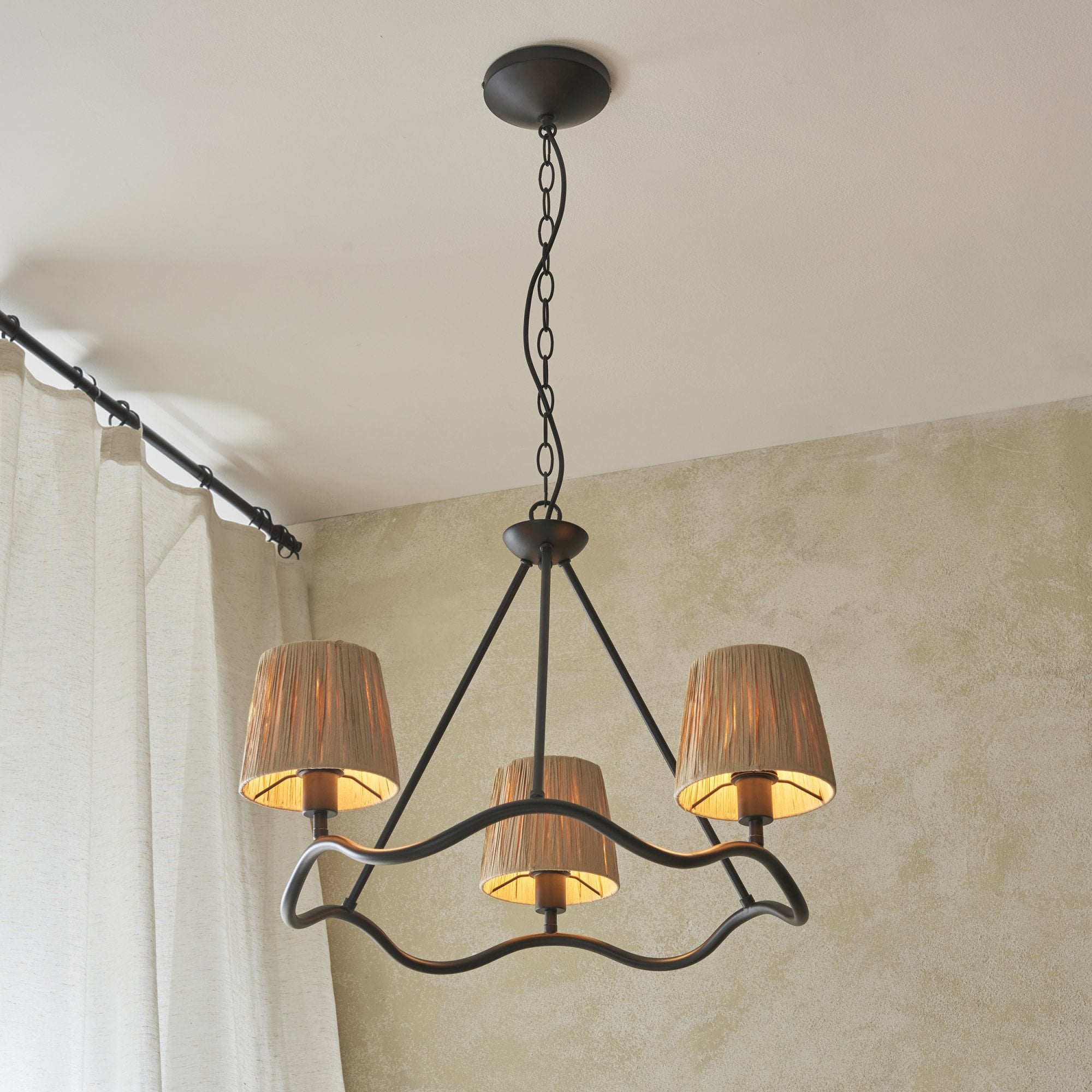 Endon Wriggle 3 Light Pendant - Matt Black & Natural Raffia