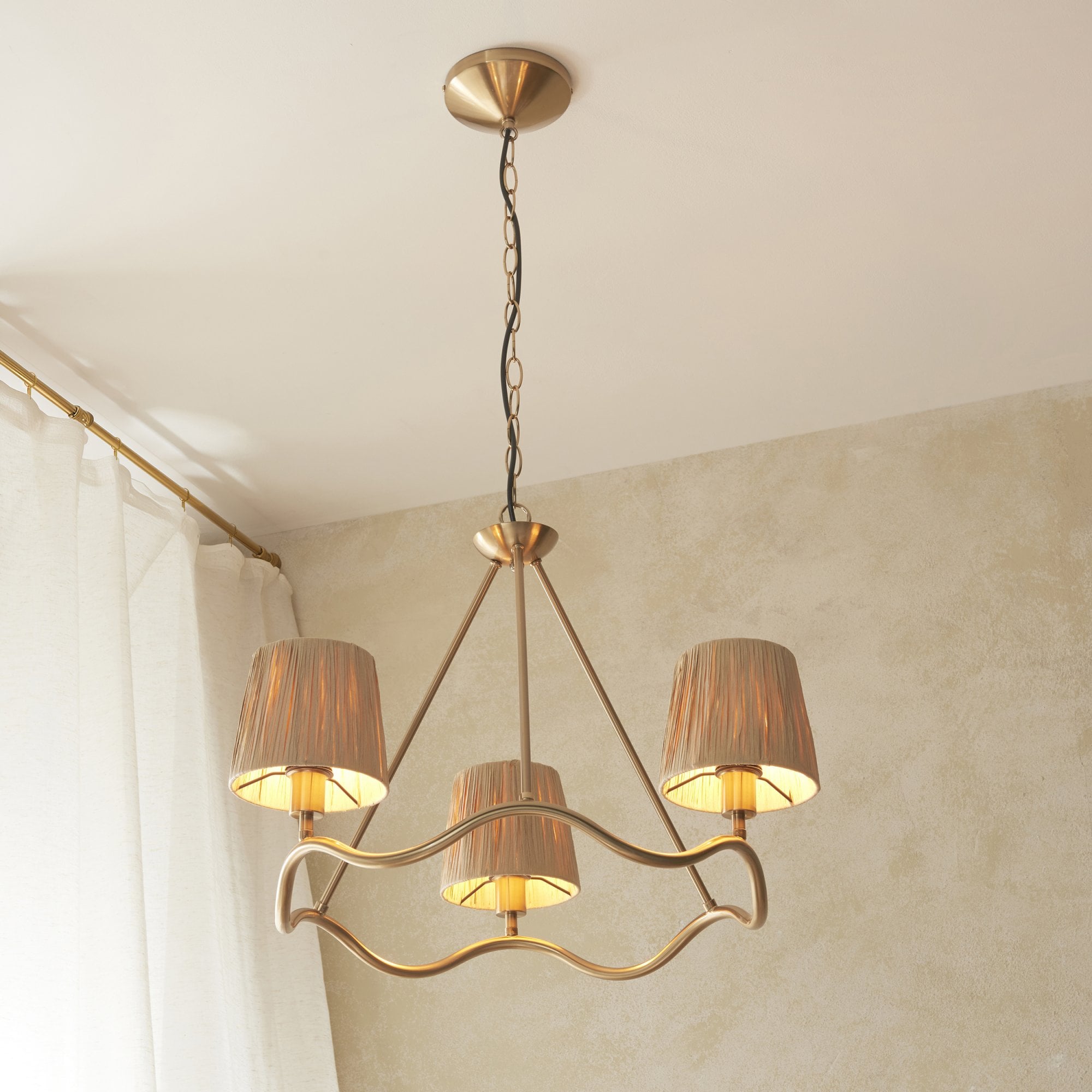 Endon Wriggle 3 Light Pendant - Brushed Aged Brass Plate & Natural Raffia