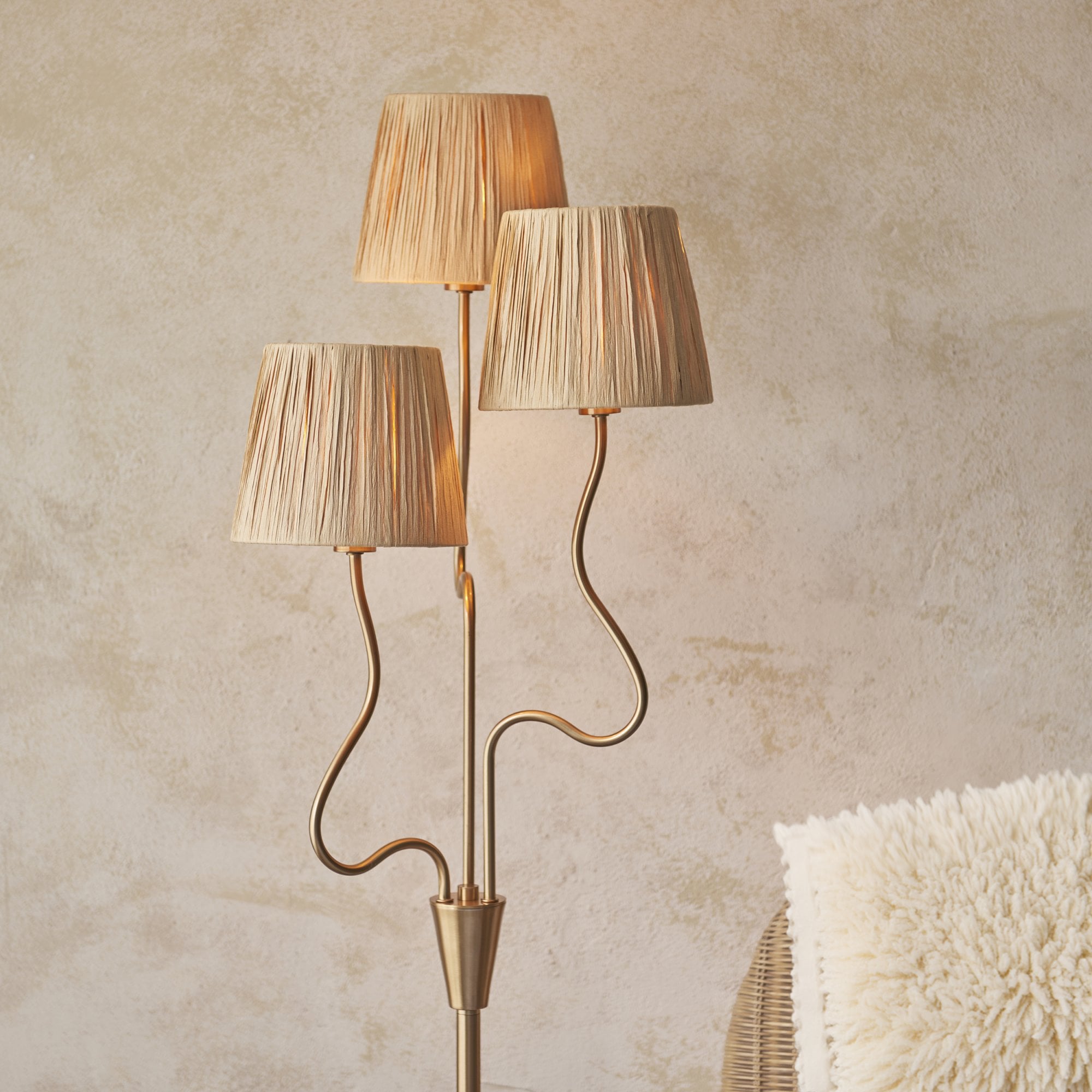 Endon Wriggle 3 Light Floor - Brushed Aged Brass Plate & Natural Raffia