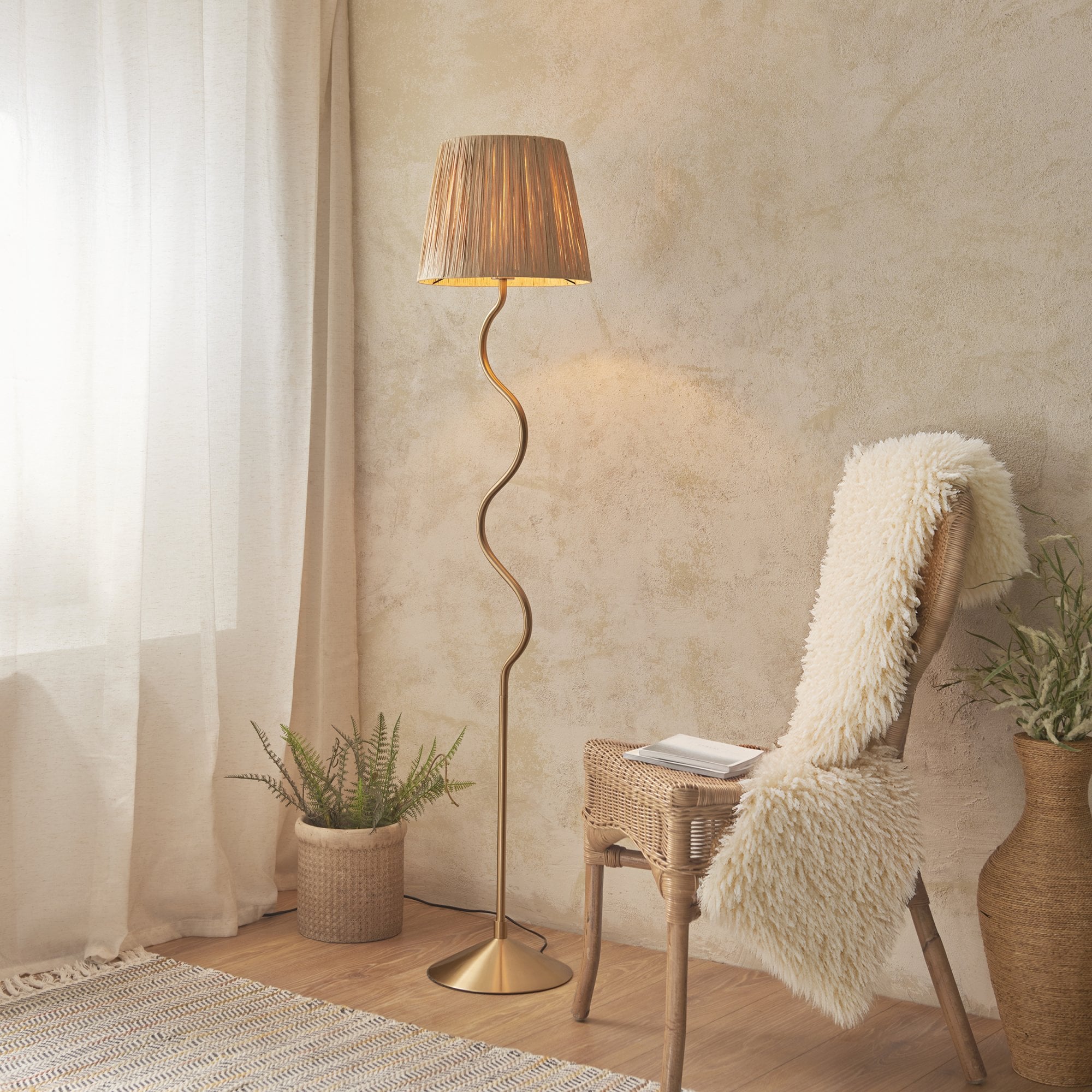 Endon Wriggle Single Light Floor - Brushed Aged Brass Plate & Natural Raffia