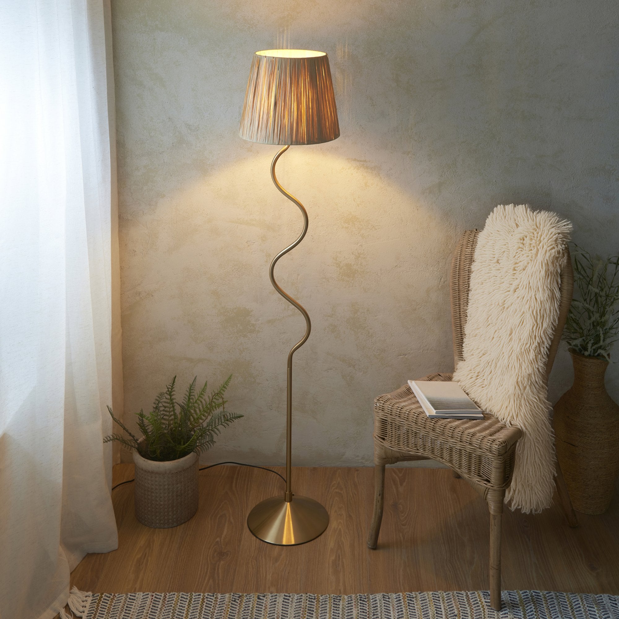 Endon Wriggle Single Light Floor - Brushed Aged Brass Plate & Natural Raffia