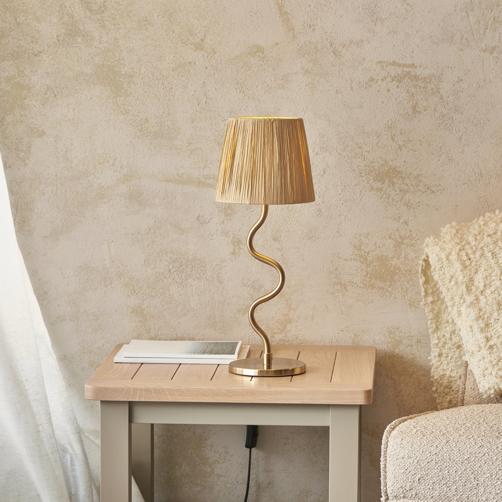 Endon Wriggle Single Light Table Lamp - Brushed Aged Brass Plate & Natural Raffia