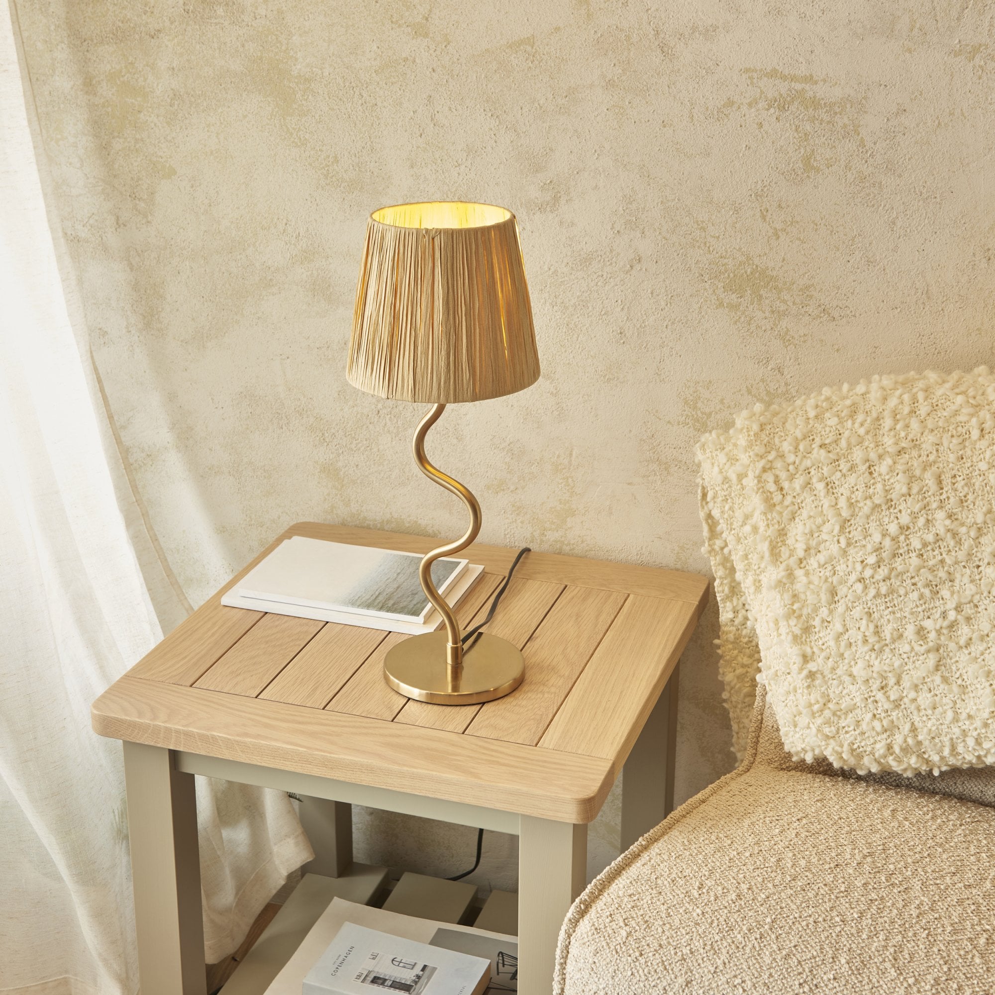 Endon Wriggle Single Light Table Lamp - Brushed Aged Brass Plate & Natural Raffia
