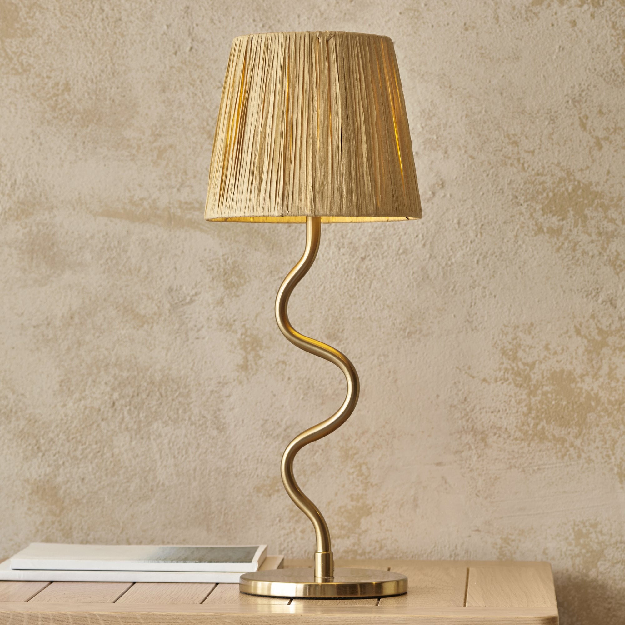 Endon Wriggle Single Light Table Lamp - Brushed Aged Brass Plate & Natural Raffia