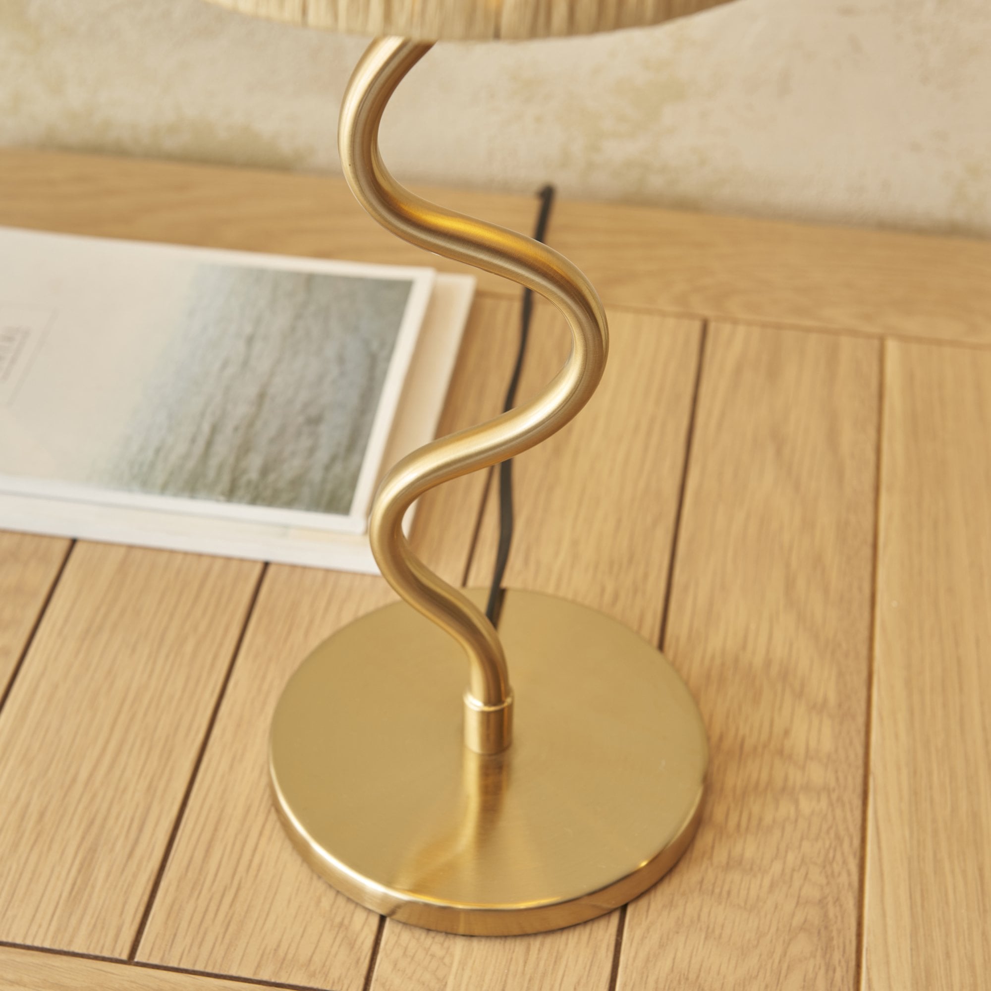 Endon Wriggle Single Light Table Lamp - Brushed Aged Brass Plate & Natural Raffia