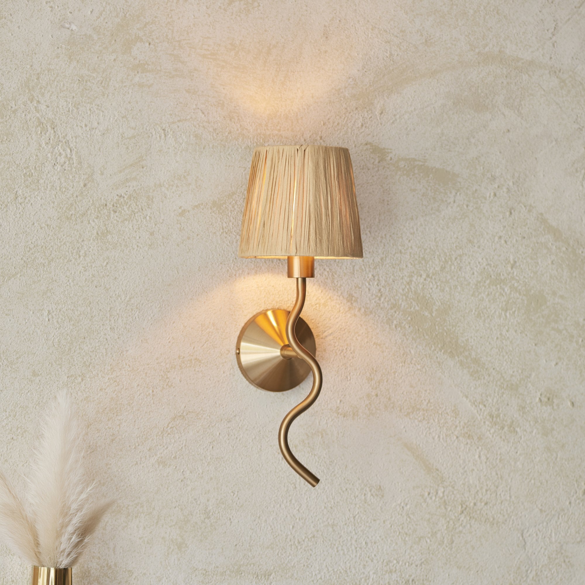Endon Wriggle Single Light Wall - Brushed Aged Brass Plate & Natural Raffia