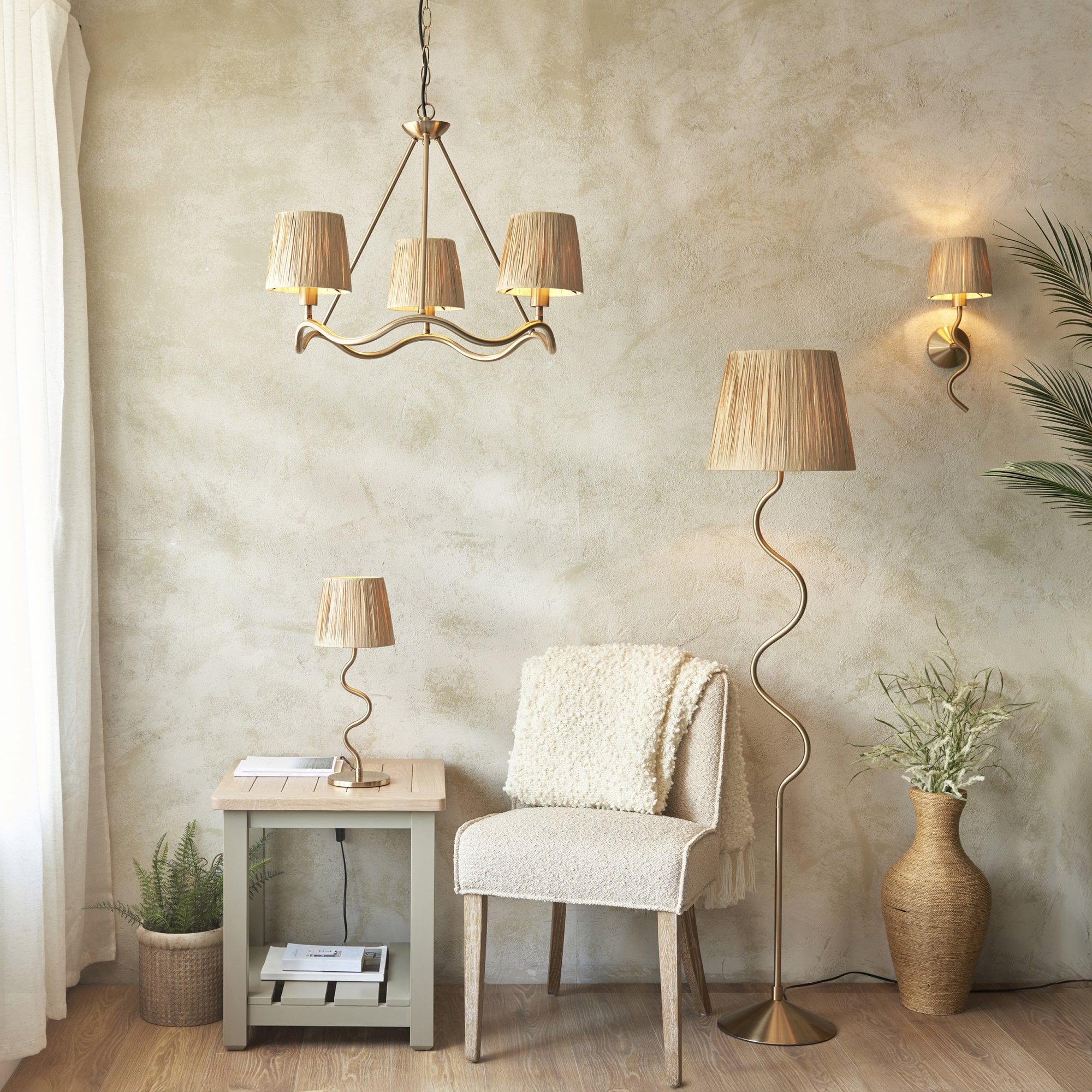 Endon Wriggle Single Light Wall - Brushed Aged Brass Plate & Natural Raffia