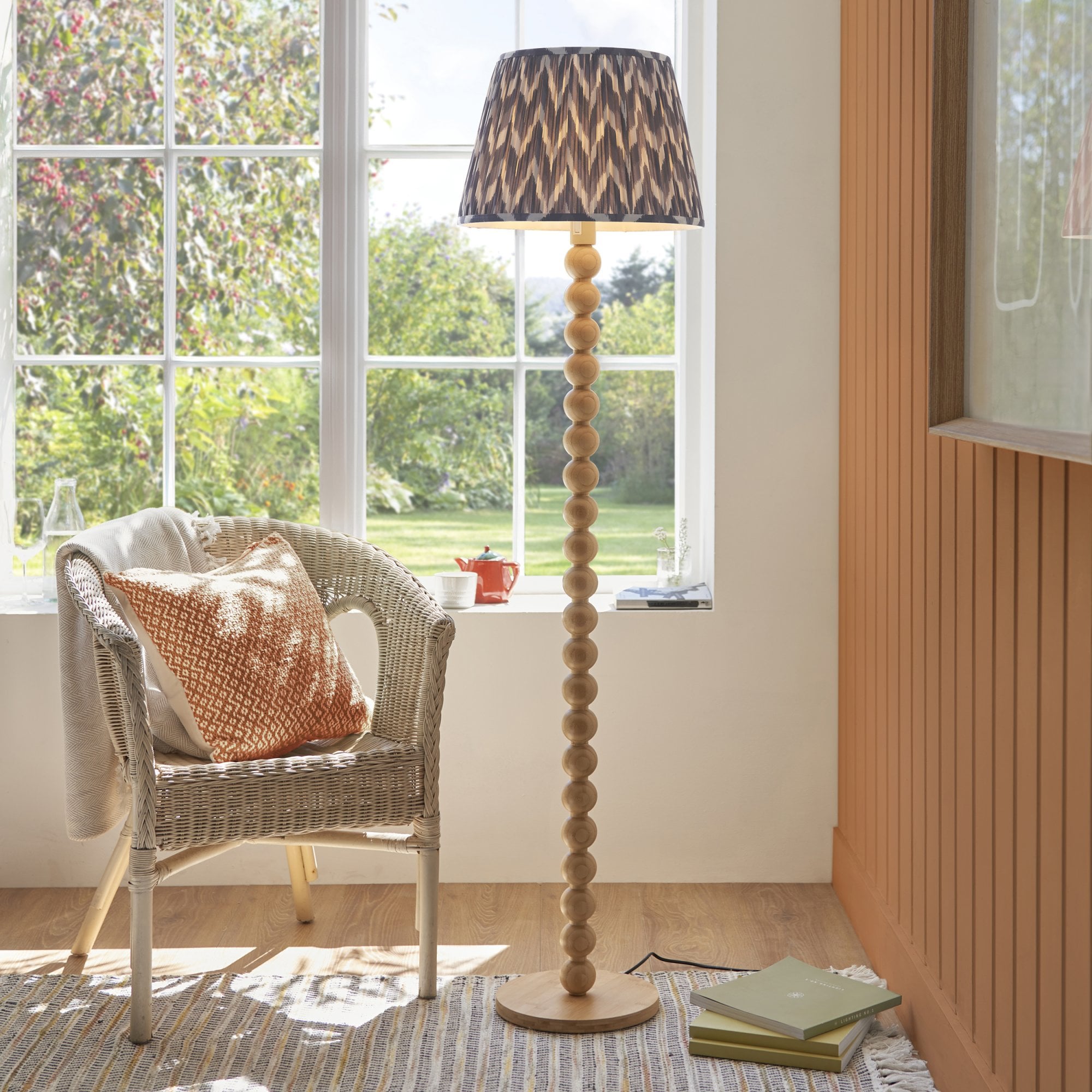 Endon Cane Floor Lamp & Zigzag 40cm Pearl Grey Shade