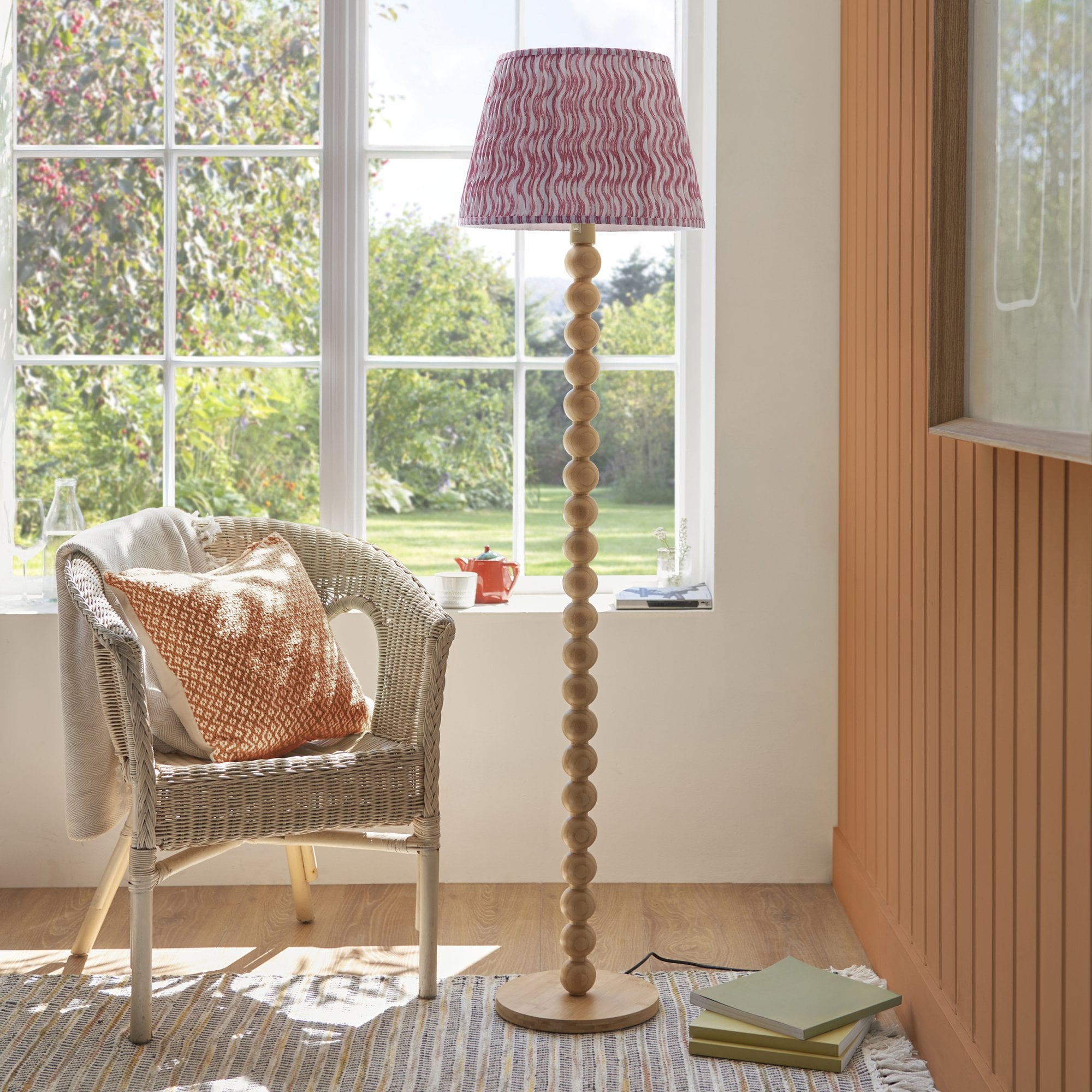 Endon Cane Floor Lamp & Ripple 40cm Coral Pink Shade