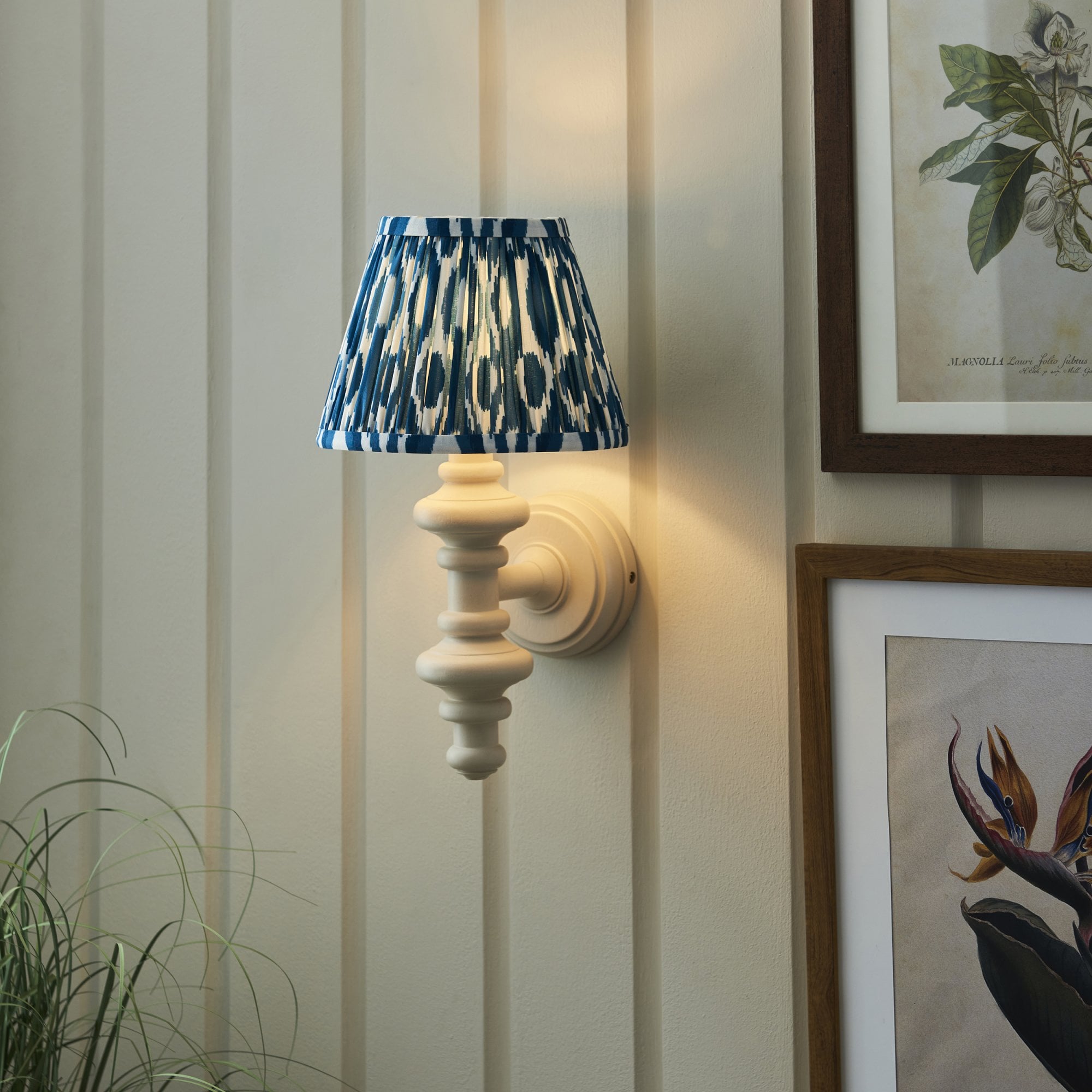 Endon Carnaby Satin Almond White Wall Light & Ikat 20cm Marlin Blue Shade