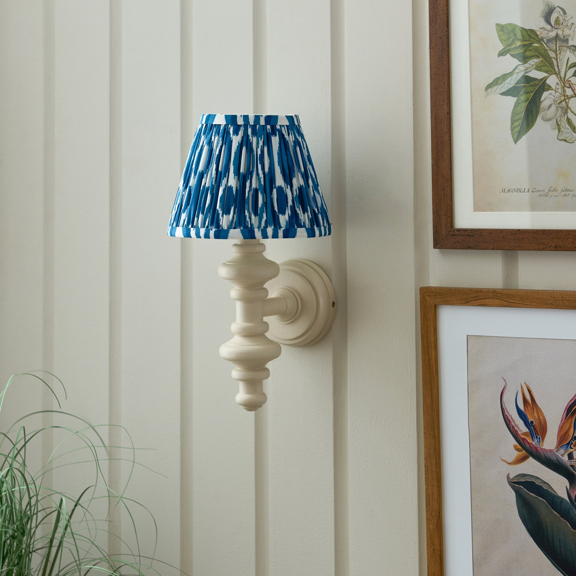 Endon Carnaby Satin Almond White Wall Light & Ikat 20cm Marlin Blue Shade