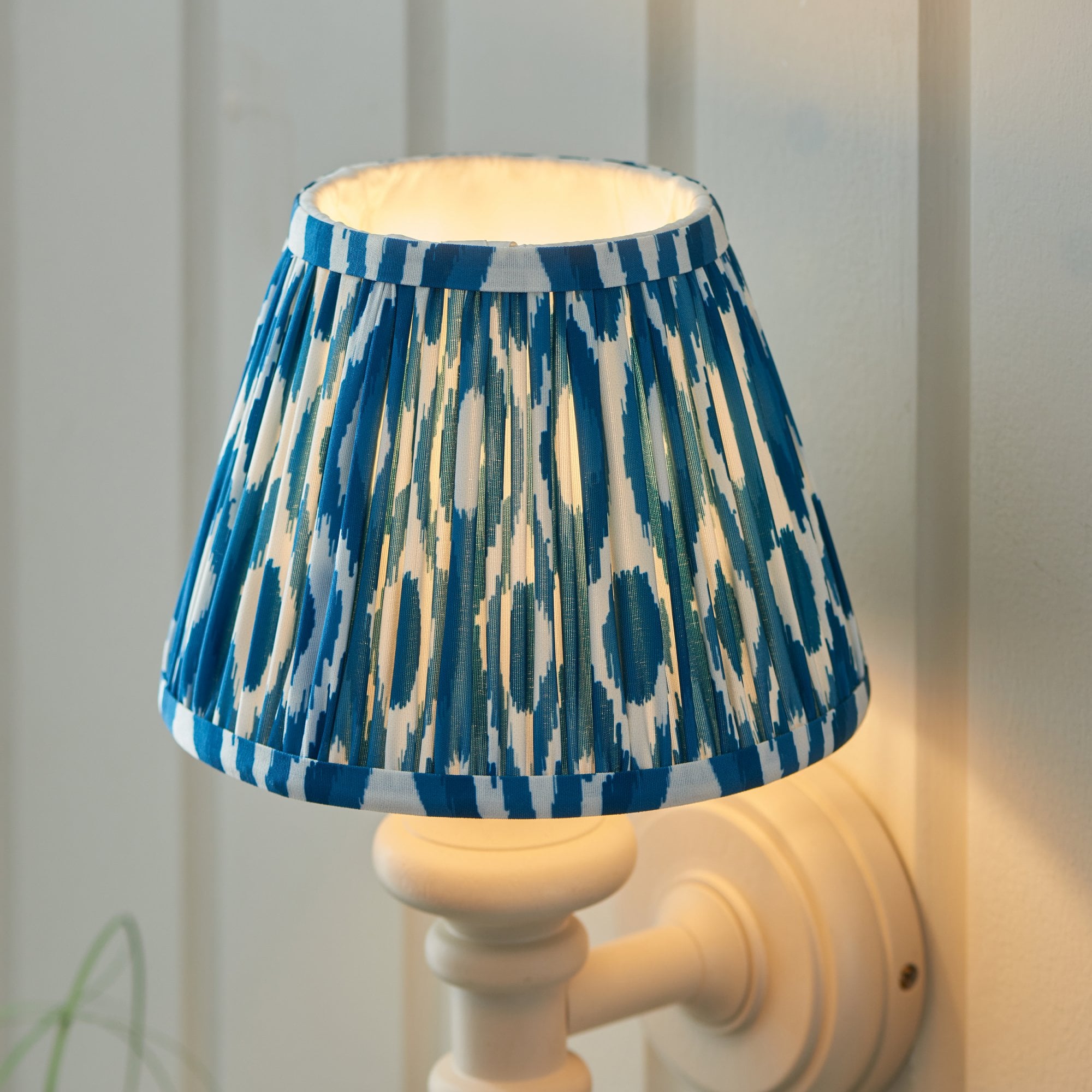 Endon Carnaby Satin Almond White Wall Light & Ikat 20cm Marlin Blue Shade