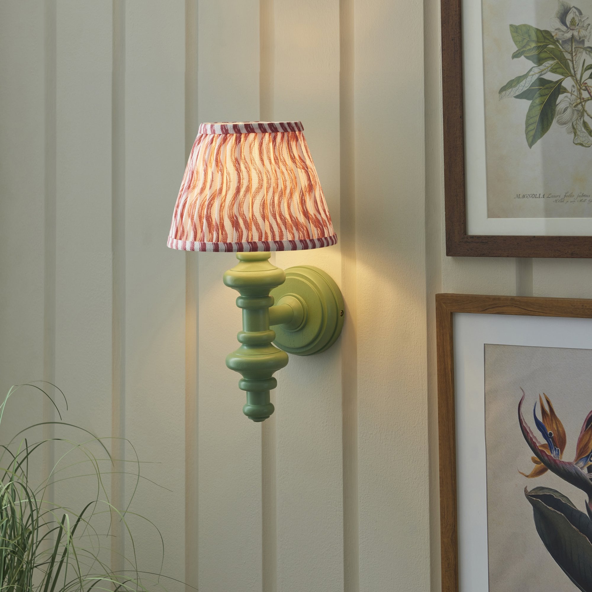 Endon Carnaby Satin Cotswold Green Wall Light & Ripple 20cm Coral Pink Shade