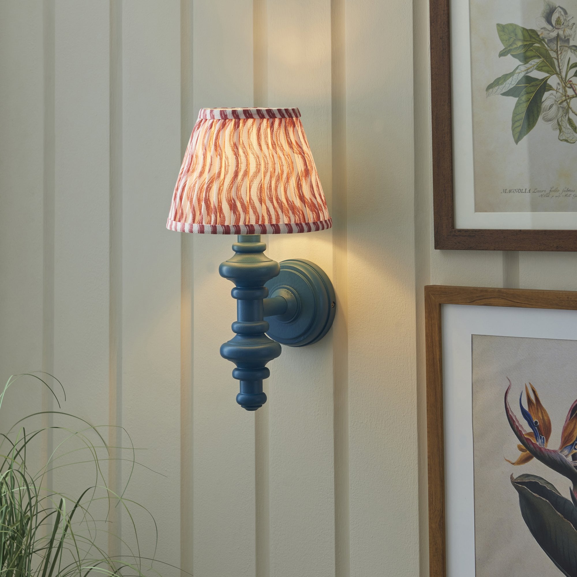 Endon Carnaby Satin Marlin Blue Wall Light & Ripple 20cm Coral Pink Shade