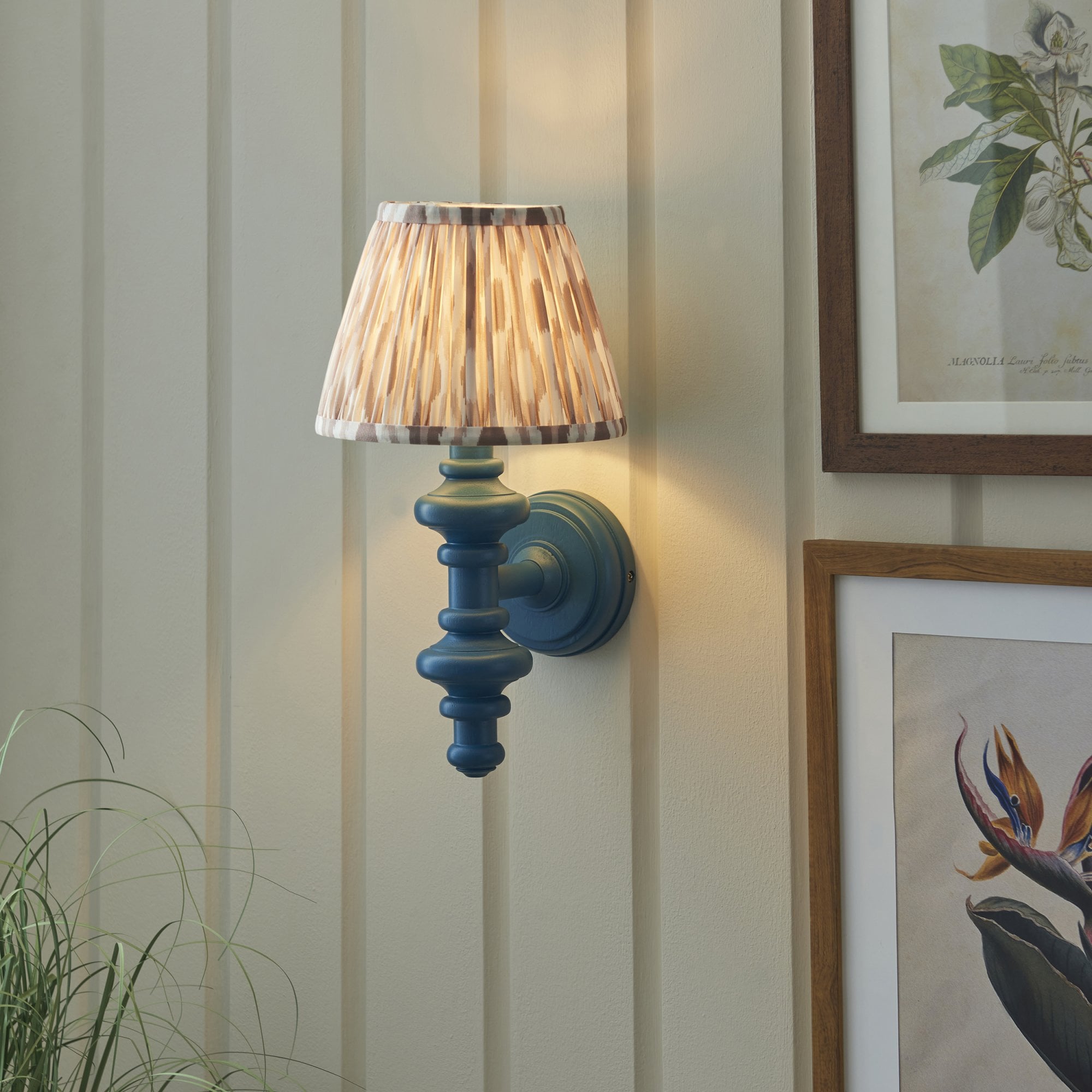 Endon Carnaby Satin Marlin Blue Wall Light & Ikat 20cm Neutral Shade