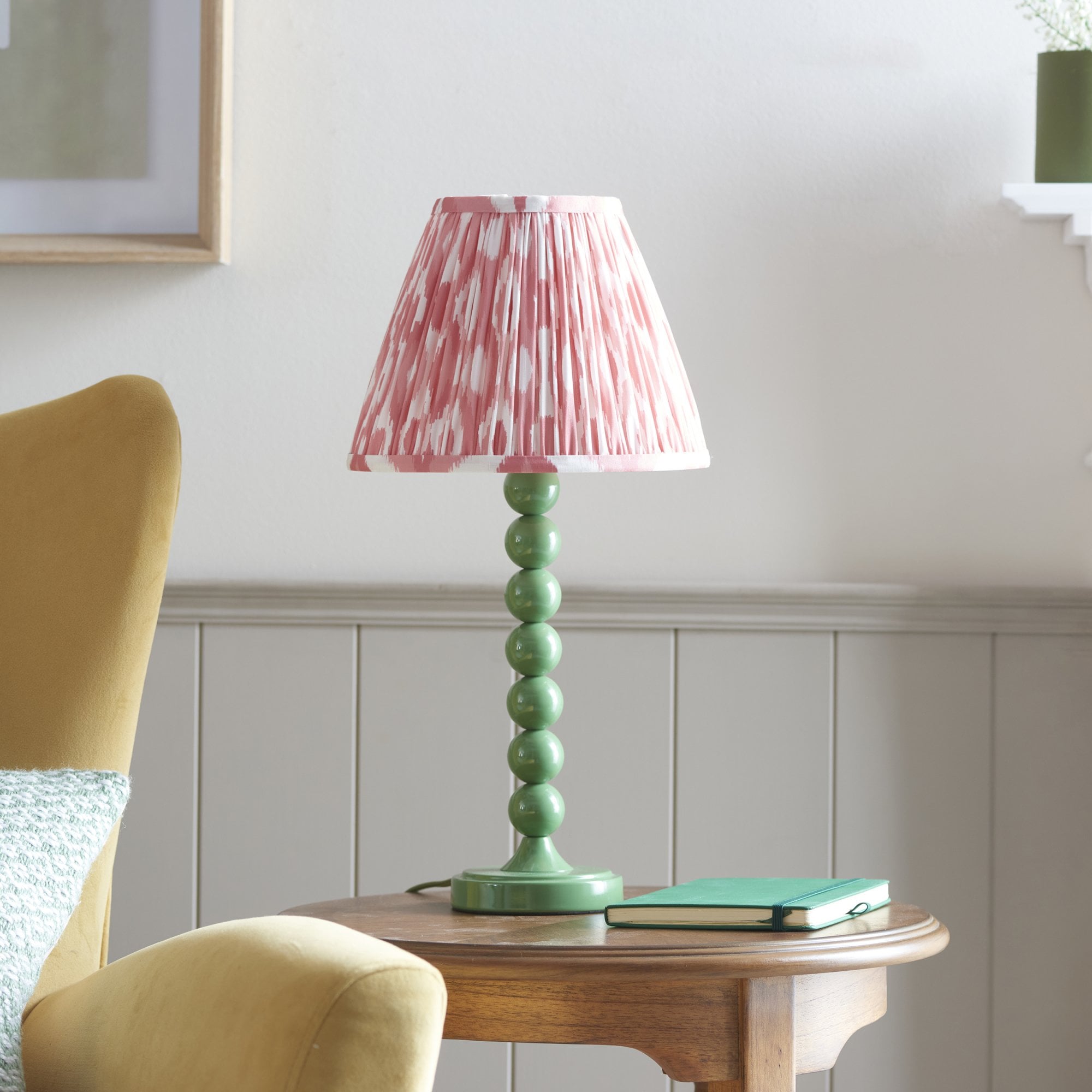 Endon Higgledy Gloss Cotswold Green Table Lamp & Ikat 25cm Coral Pink Shade