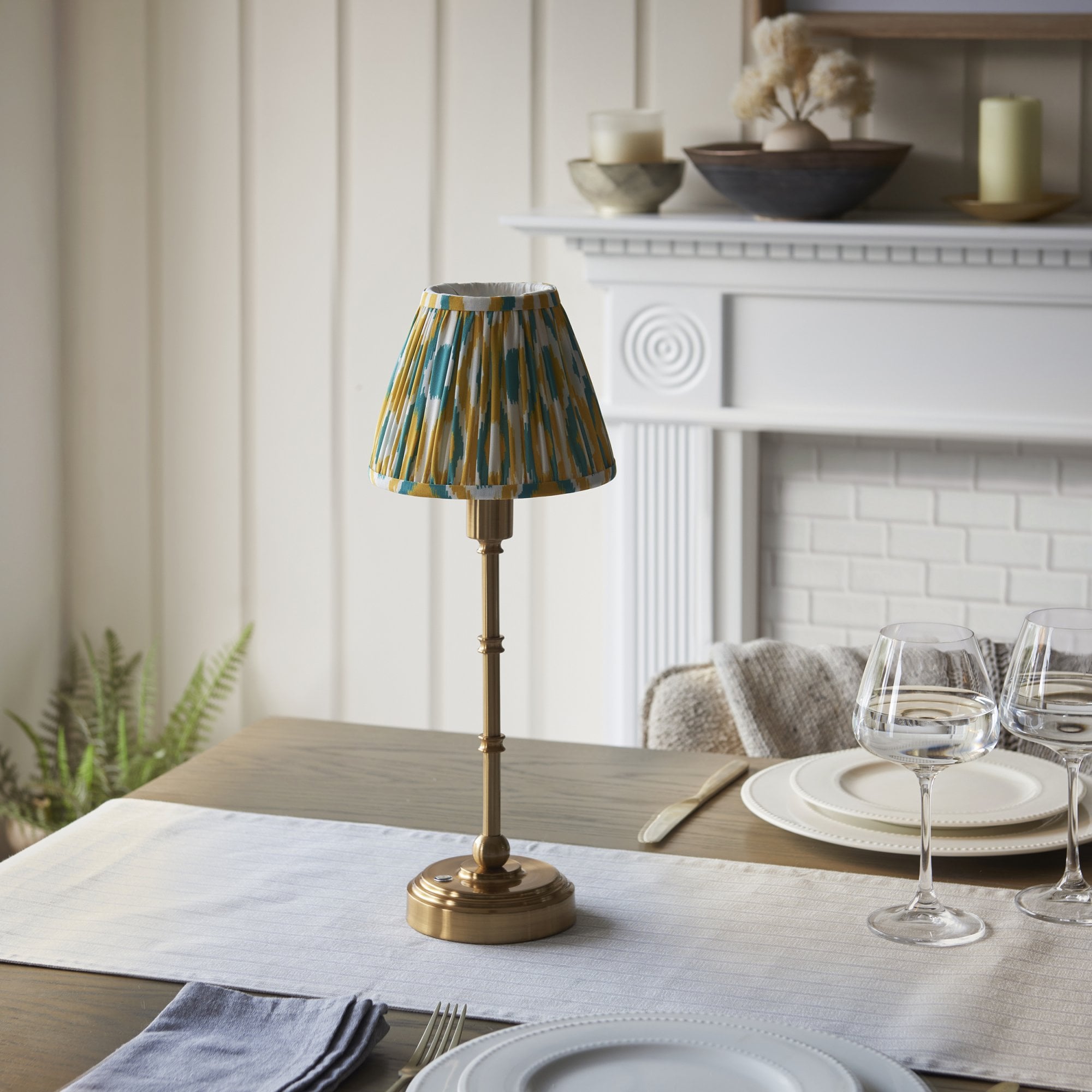 Endon Burley Rechargeable Table Lamp & Ikat 16cm Yellow & Jade Shade