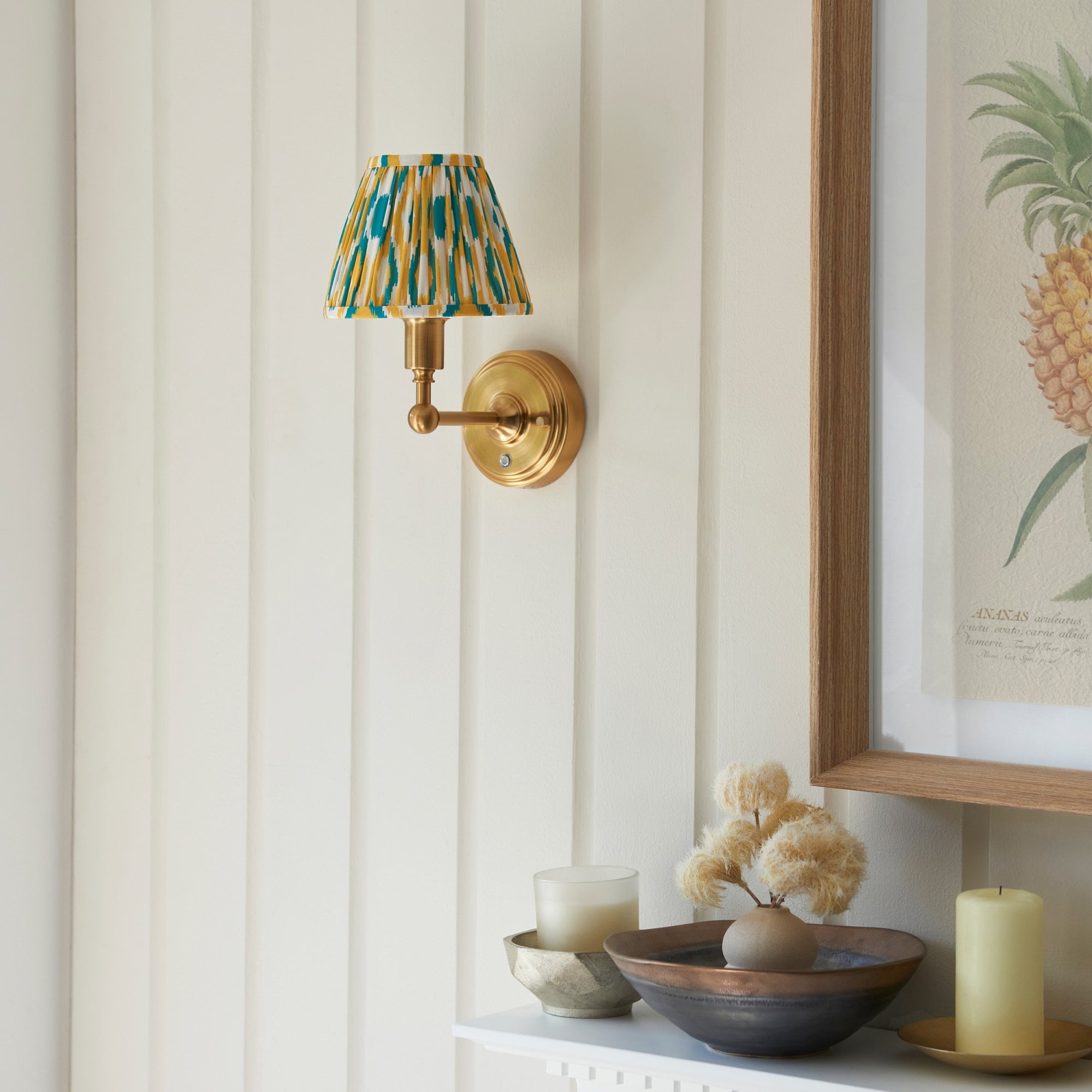 Endon Burley Rechargeable Wall Light & Ikat 16cm Yellow & Jade Shade