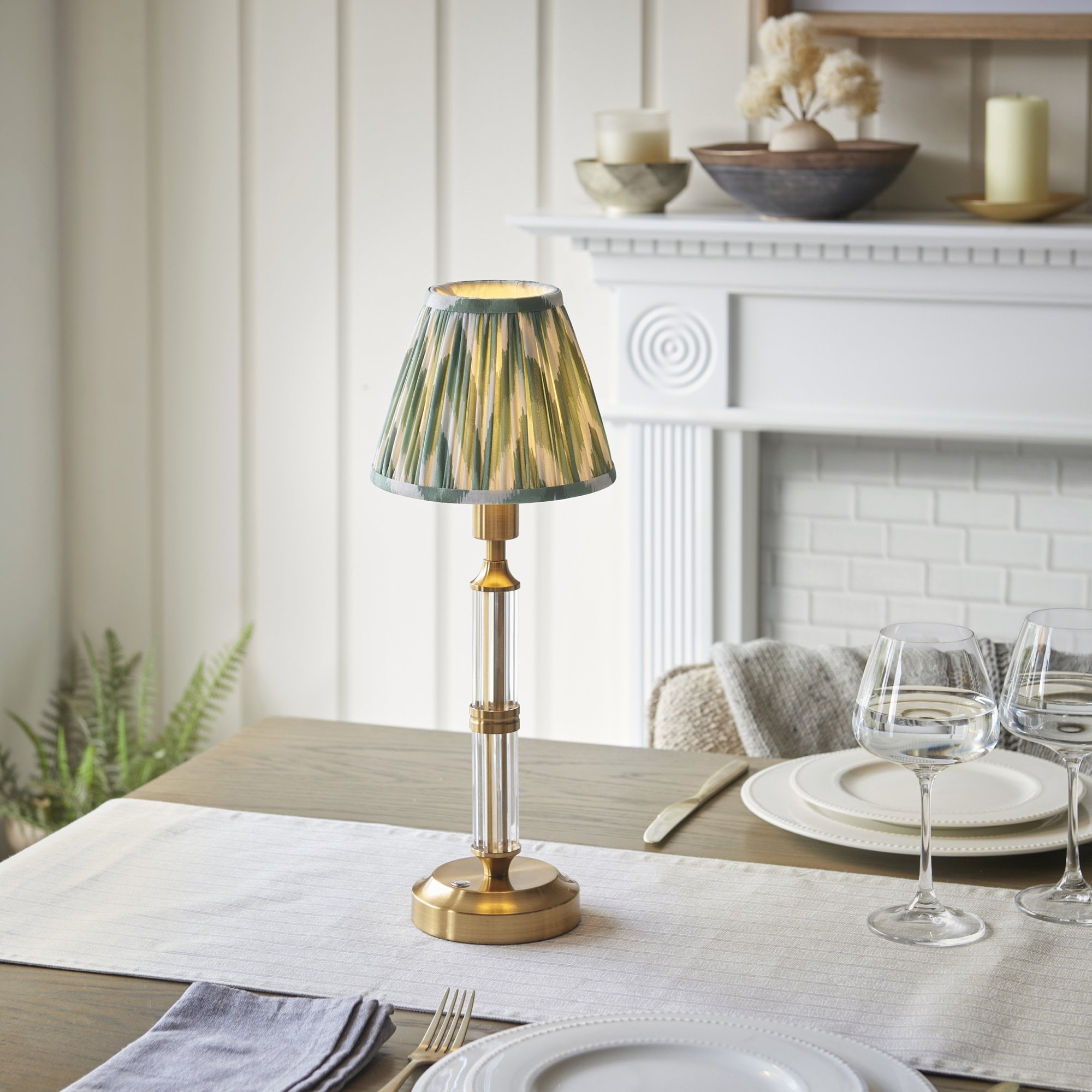 Endon Morton Rechargeable Table Lamp & Zigzag 16cm Cotswold Green Shade