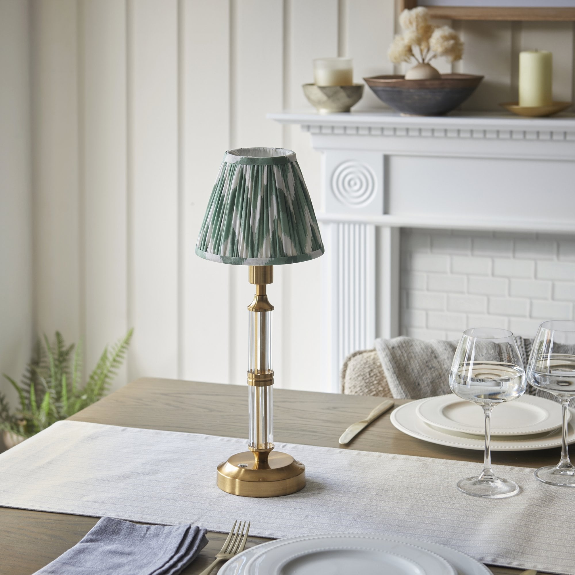 Endon Morton Rechargeable Table Lamp & Zigzag 16cm Cotswold Green Shade