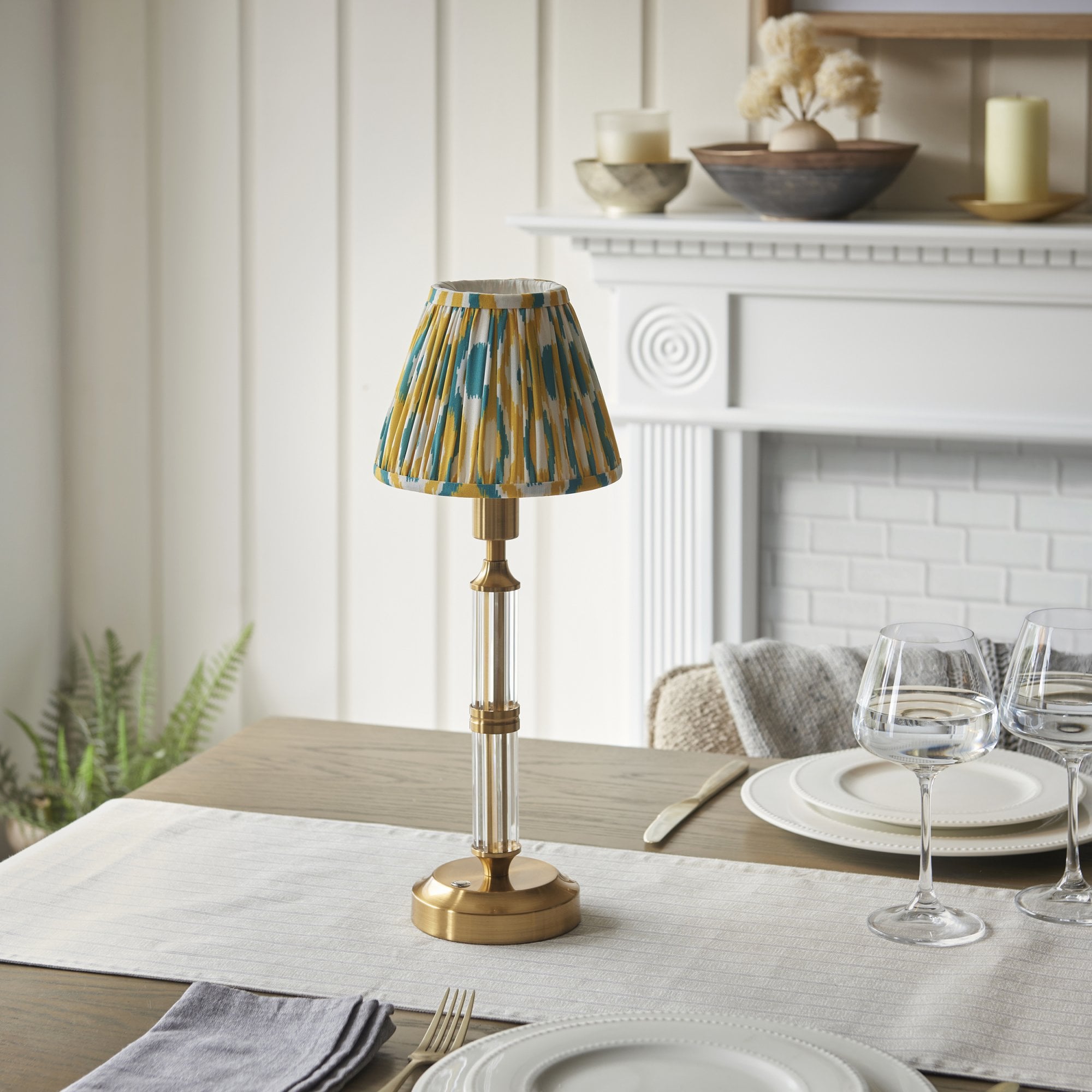 Endon Morton Rechargeable Table Lamp & Ikat 16cm Yellow & Jade Shade