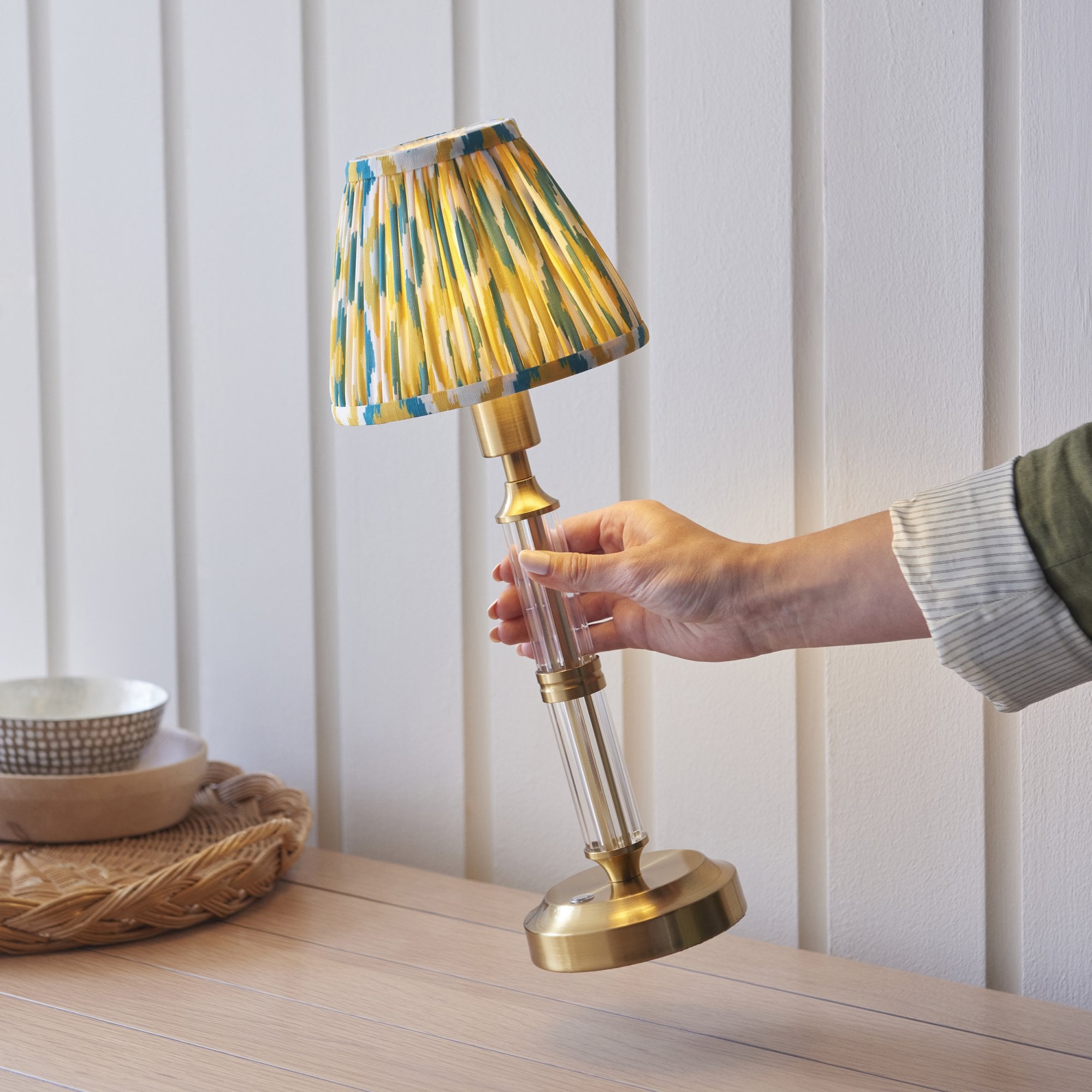 Endon Morton Rechargeable Table Lamp & Ikat 16cm Yellow & Jade Shade