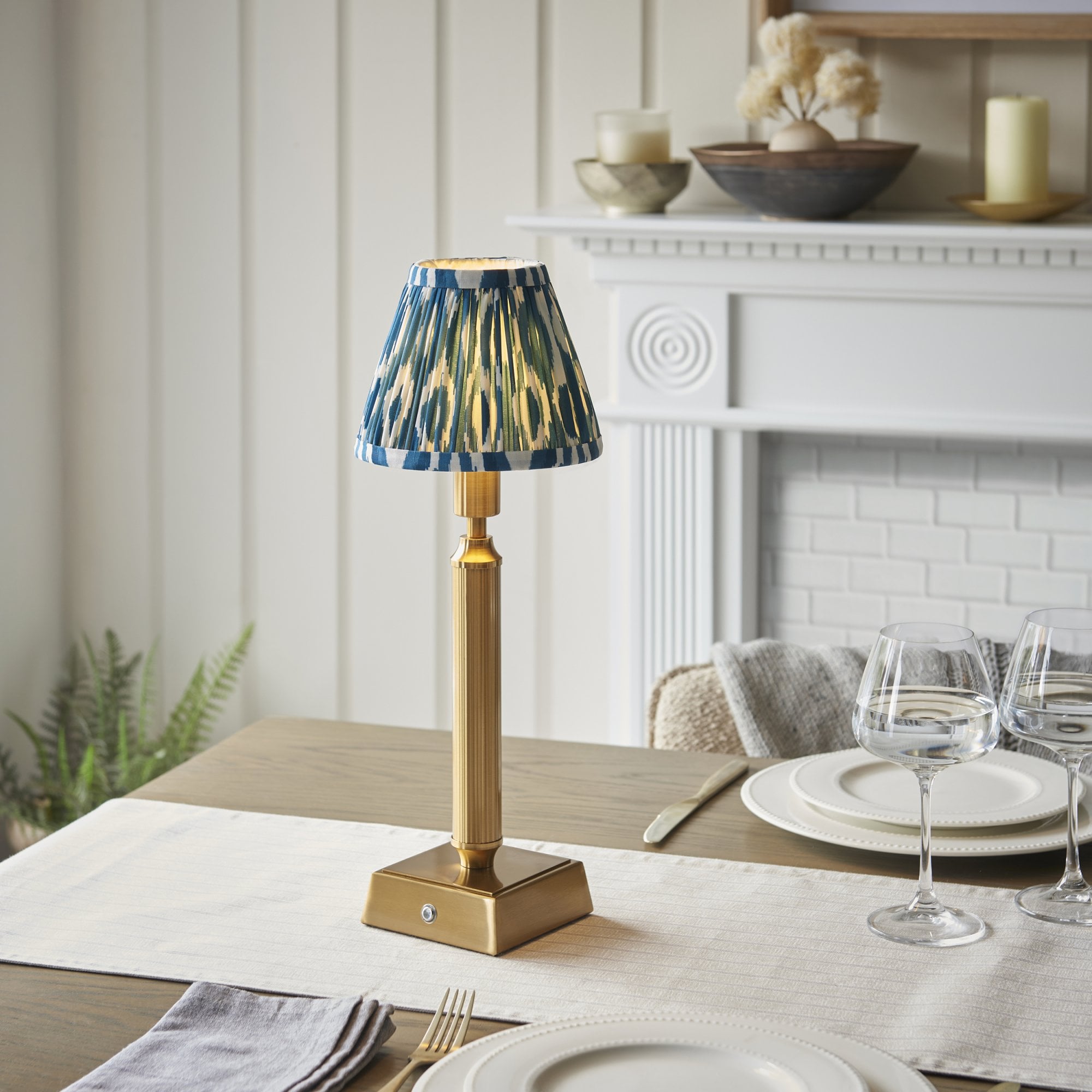 Endon Trobridge Rechargeable Table Lamp & Ikat 16cm Marlin Blue Shade