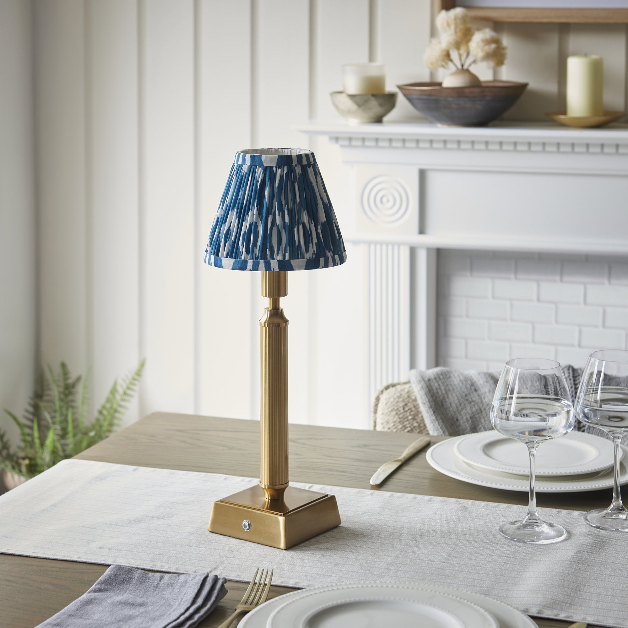 Endon Trobridge Rechargeable Table Lamp & Ikat 16cm Marlin Blue Shade