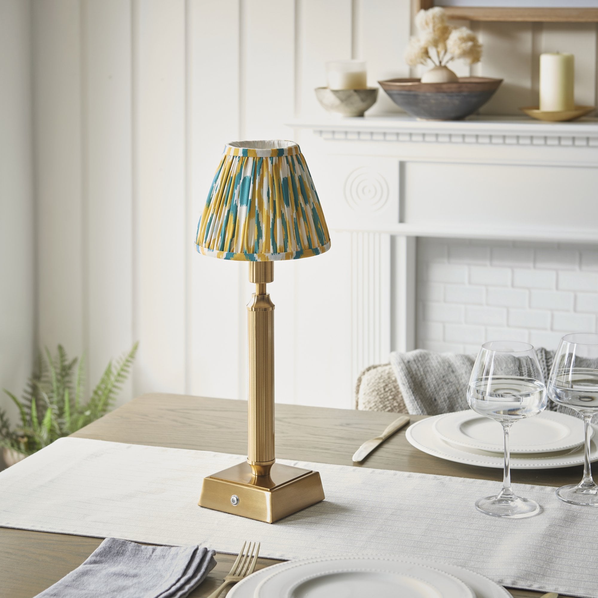 Endon Trobridge Rechargeable Table Lamp & Ikat 16cm Yellow & Jade Shade