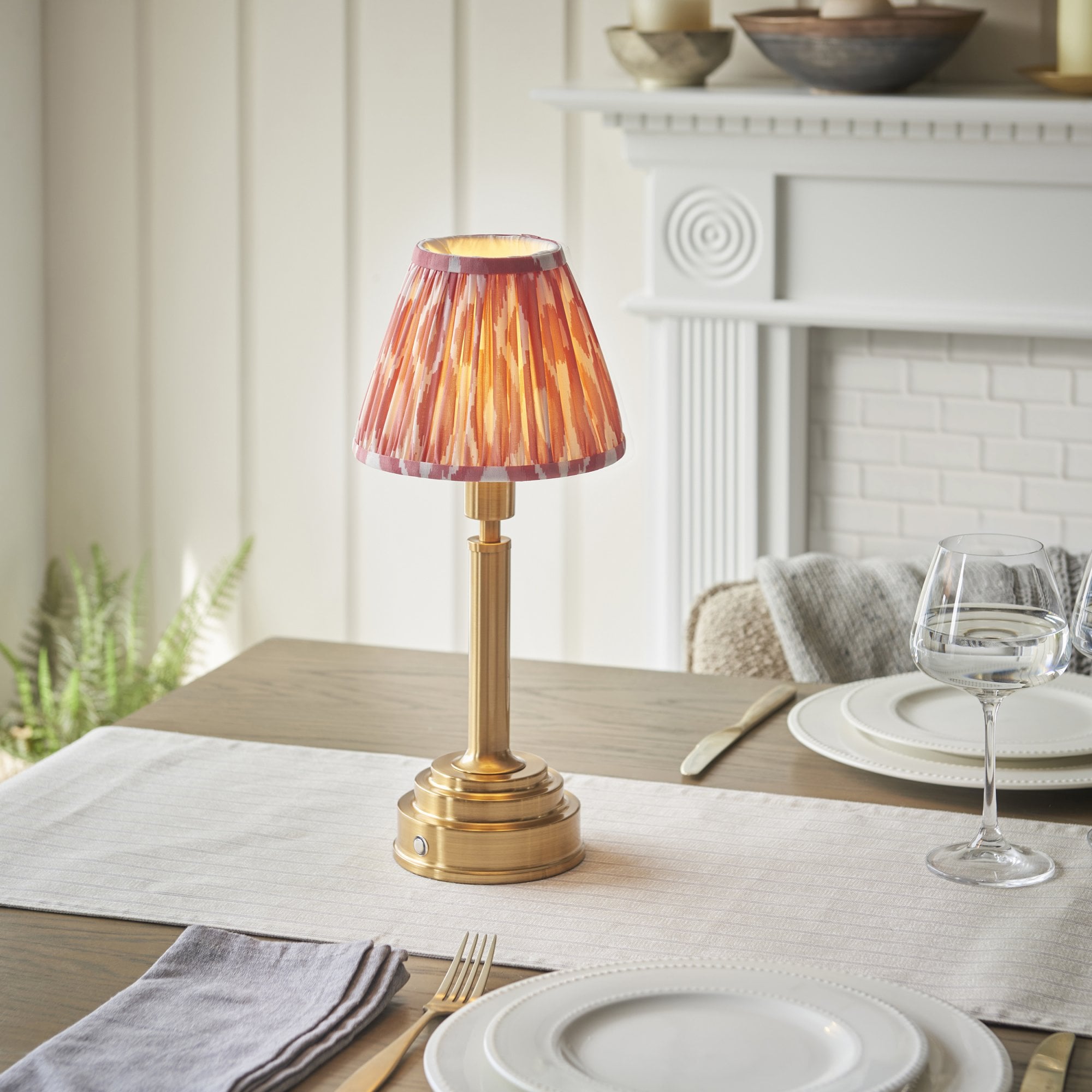 Endon Upton Rechargeable Table Lamp & Ikat 16cm Coral Pink Shade
