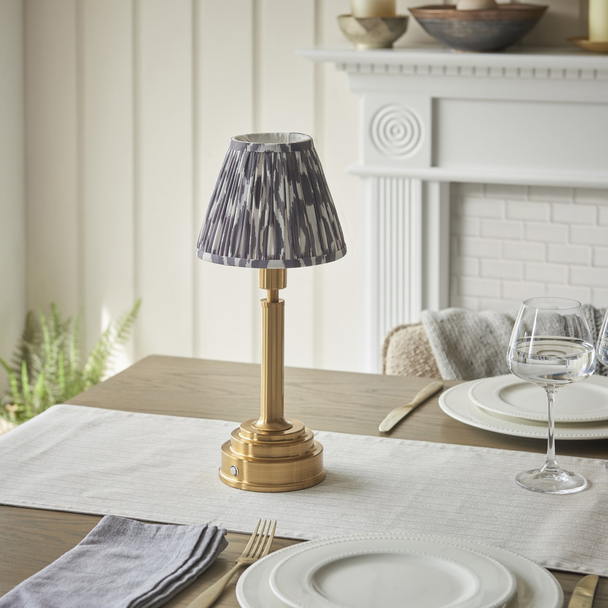 Endon Upton Rechargeable Table Lamp & Ikat 16cm Pearl Grey Shade