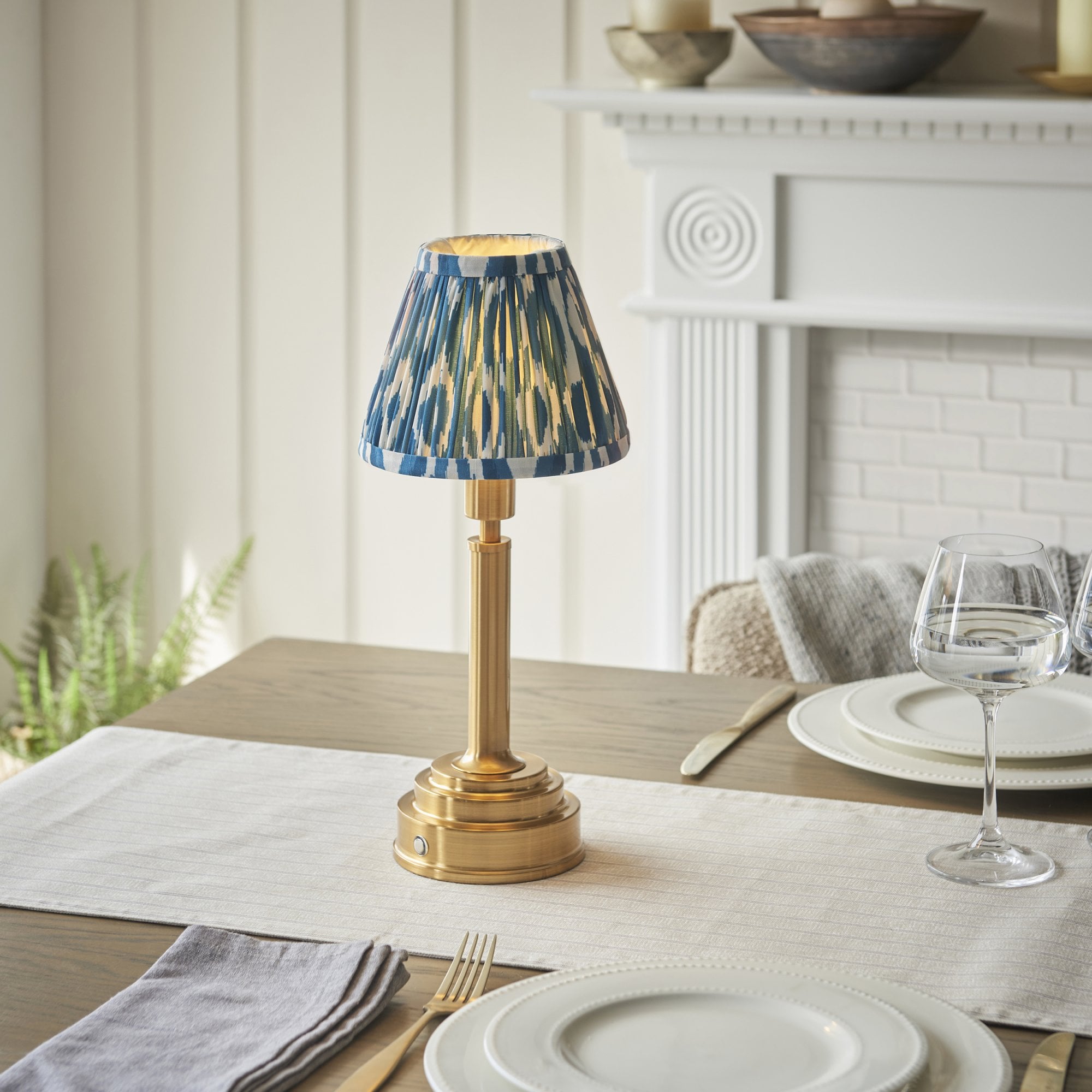 Endon Upton Rechargeable Table Lamp & Ikat 16cm Marlin Blue Shade