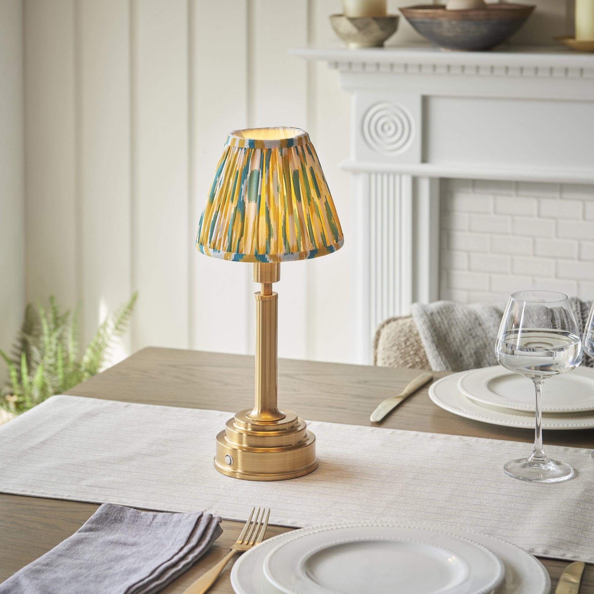 Endon Upton Rechargeable Table Lamp & Ikat 16cm Yellow & Jade Shade