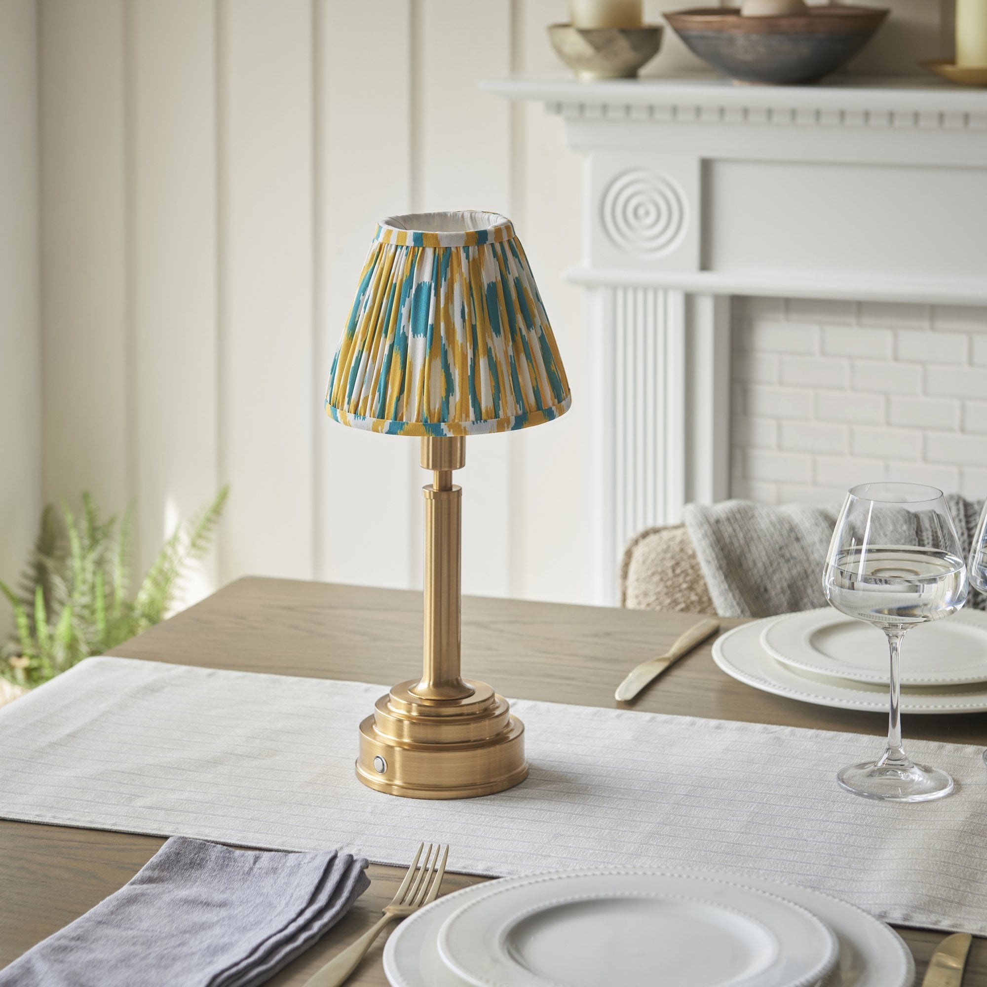 Endon Upton Rechargeable Table Lamp & Ikat 16cm Yellow & Jade Shade