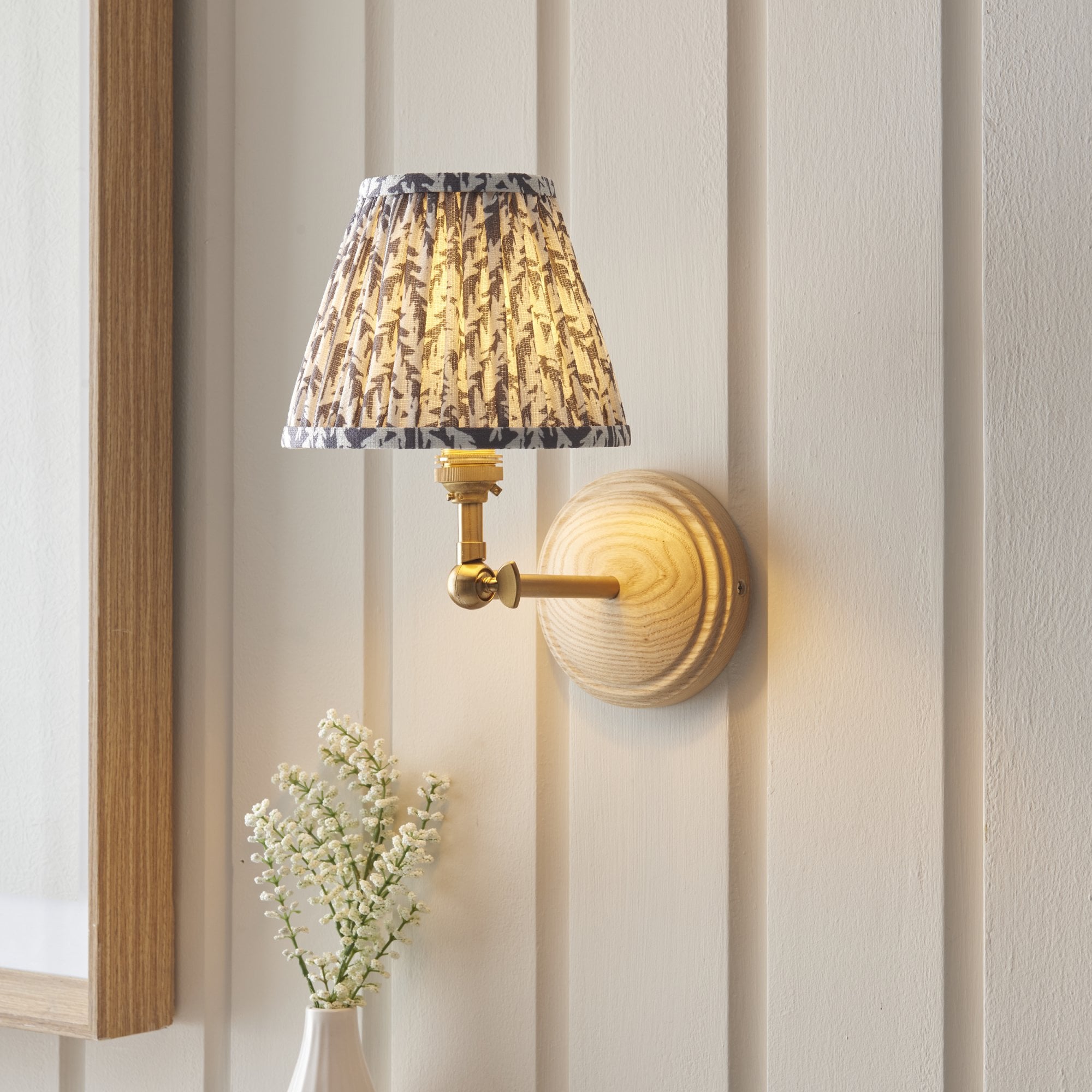 Endon Wood Wing Wall Light & Leaf 16cm Pearl Grey Shade