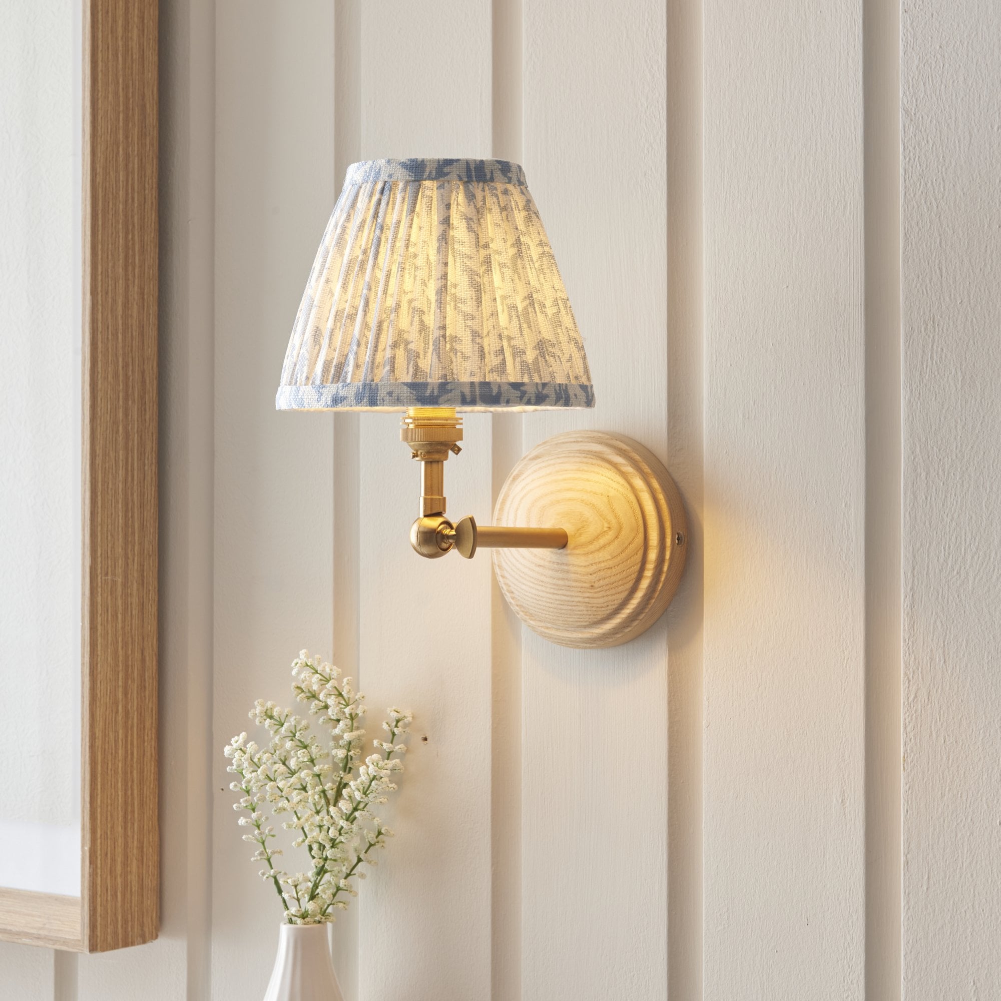 Endon Wood Wing Wall Light & Leaf 16cm Shell Bay Blue Shade