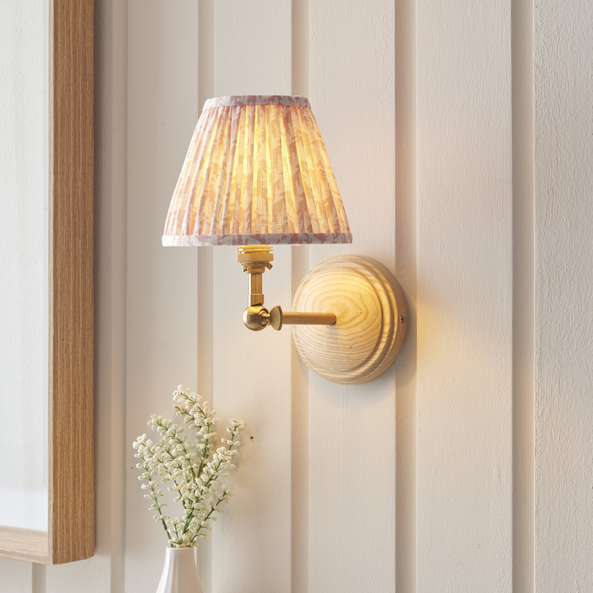 Endon Wood Wing Wall Light & Leaf 16cm Peachy Keen Shade