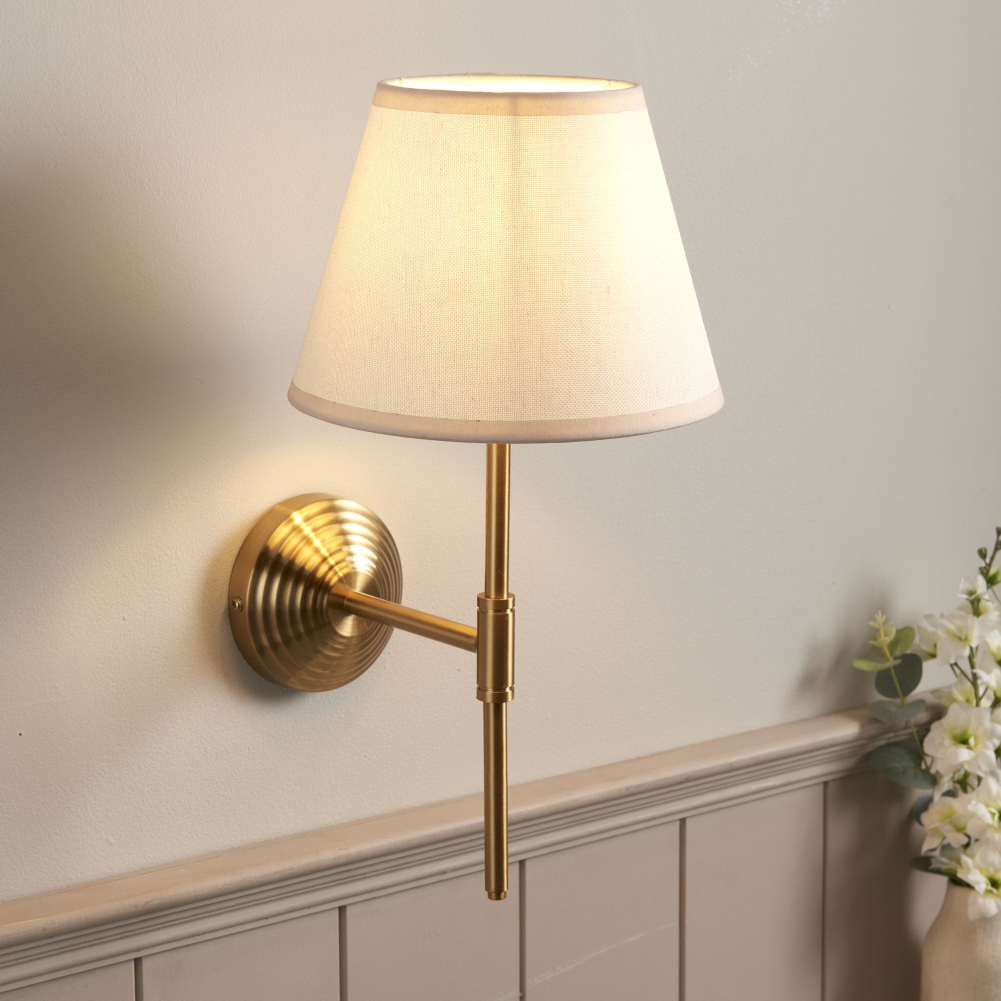Endon Obelisk T Bar Wall Light & Ivy 20cm Vintage White Shade