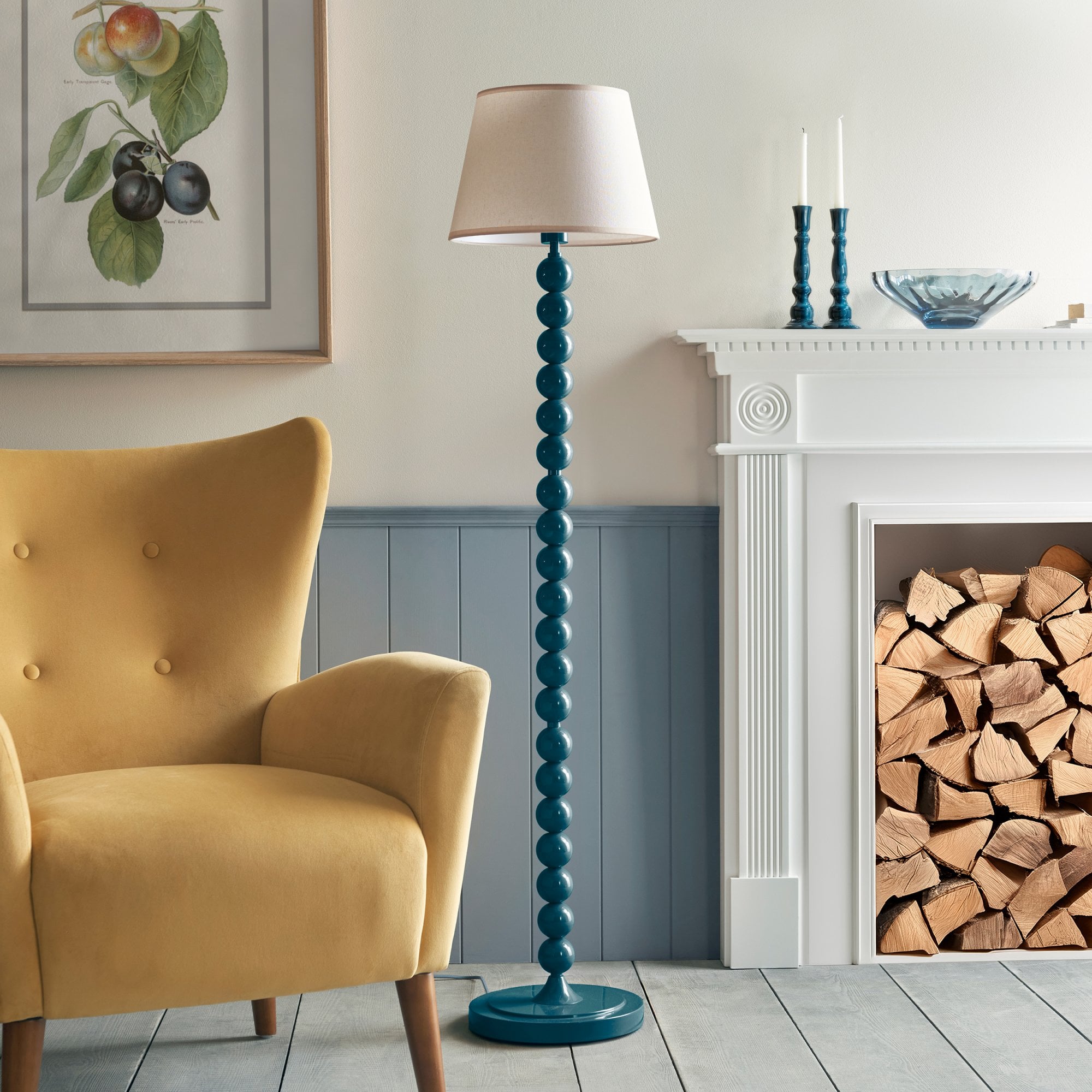 Endon Higgledy Gloss Marlin Blue Floor Lamp & Ivy 35cm Vintage White Shade