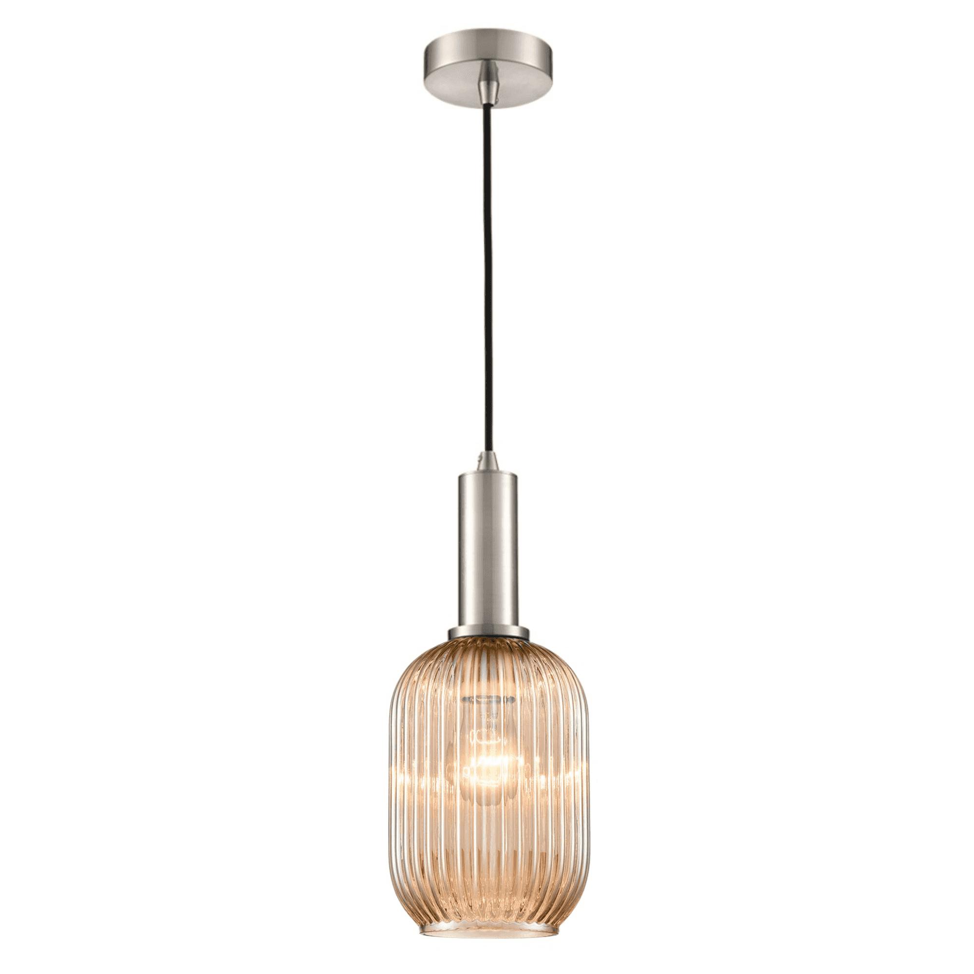 Franklite Mezcla Pendant - 150mm Ribbed Glass Shade - Satin Nickel & Amber Glass