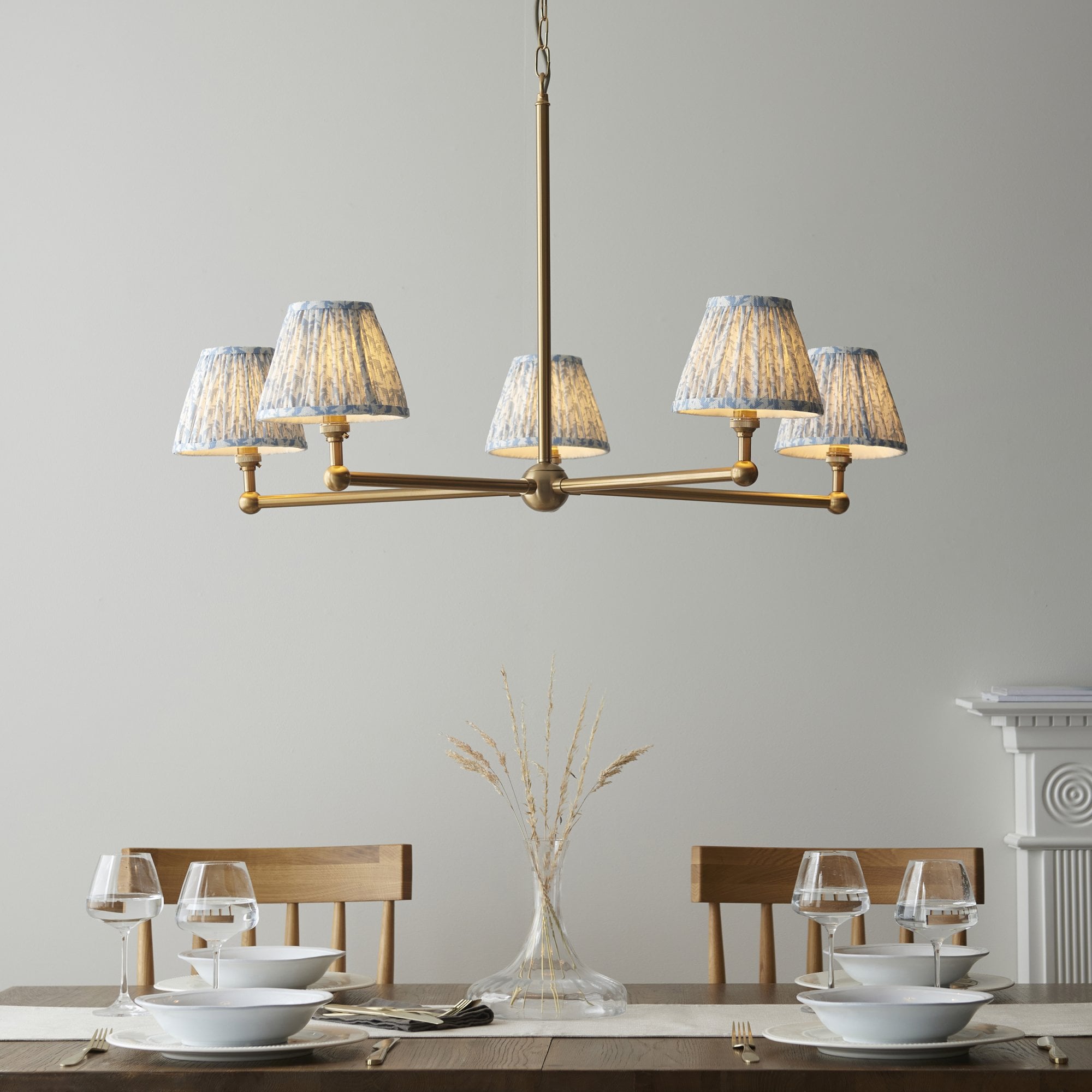 Endon Santiago Brushed Aged Brass 5 Light Pendant & Leaf 16cm Shell Bay Blue Shade