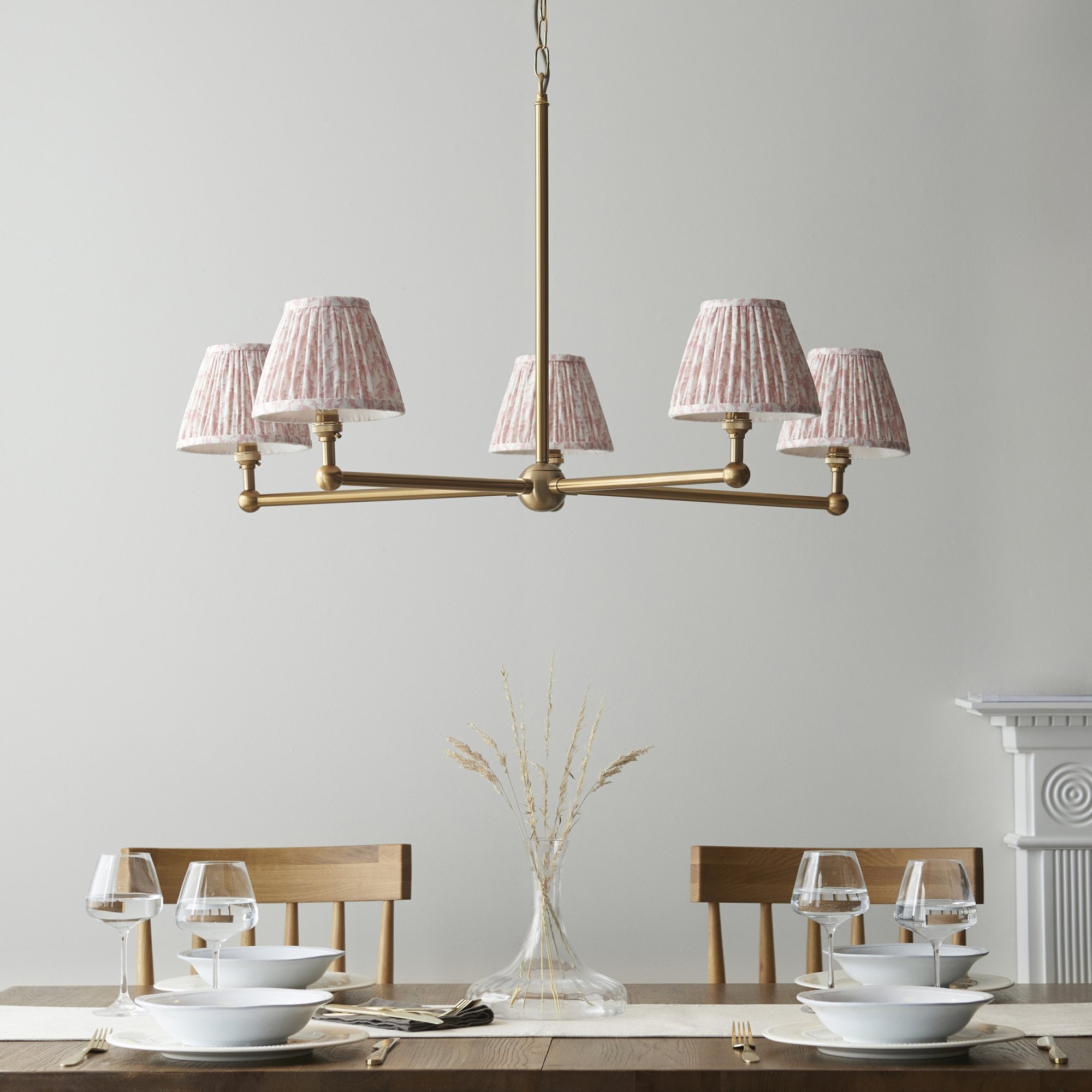 Endon Santiago Brushed Aged Brass 5 Light Pendant & Leaf 16cm Peachy Keen Shade