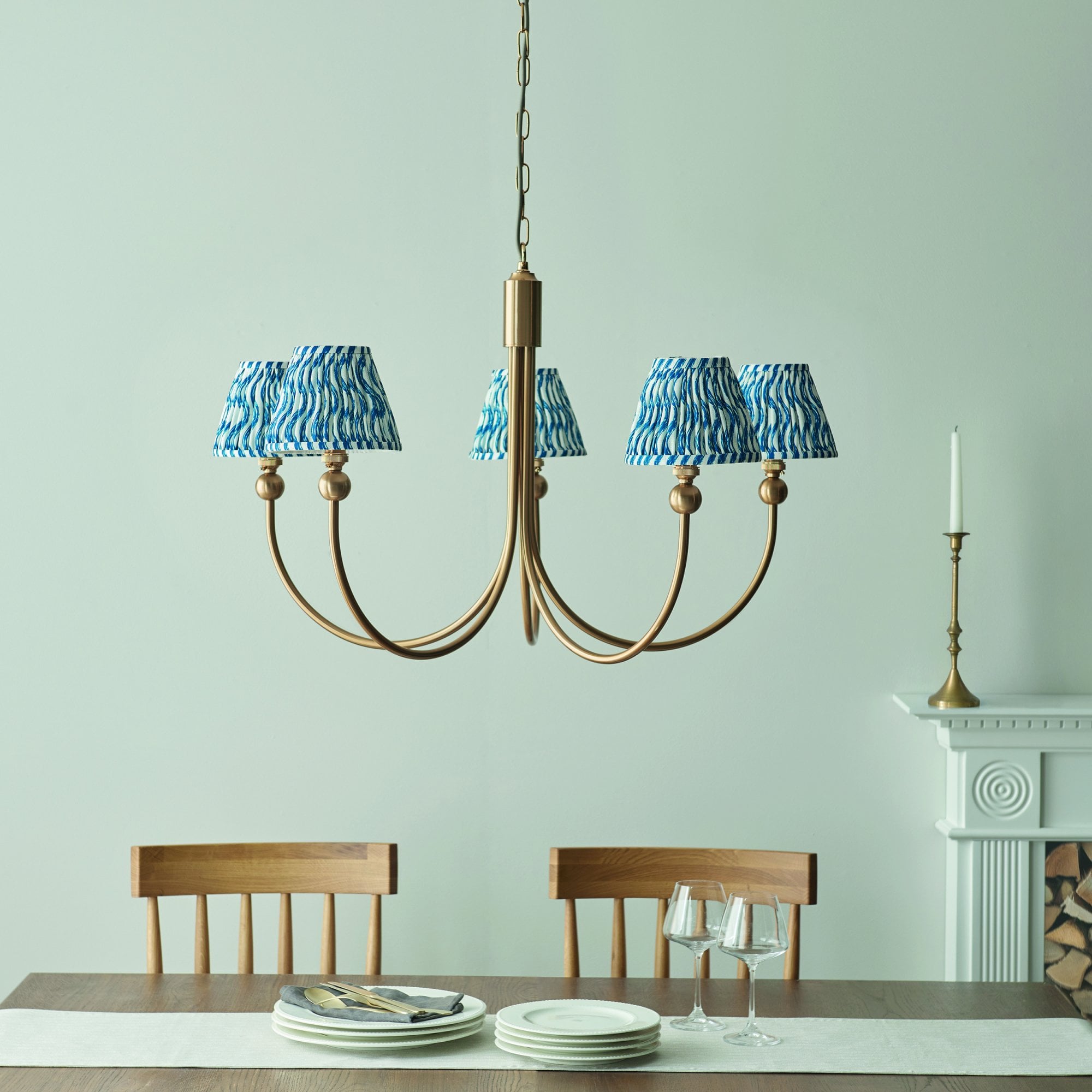 Endon Santiago Curved Brushed Aged Brass 5 Light Pendant & Ripple 16cm Marlin Blue Shade