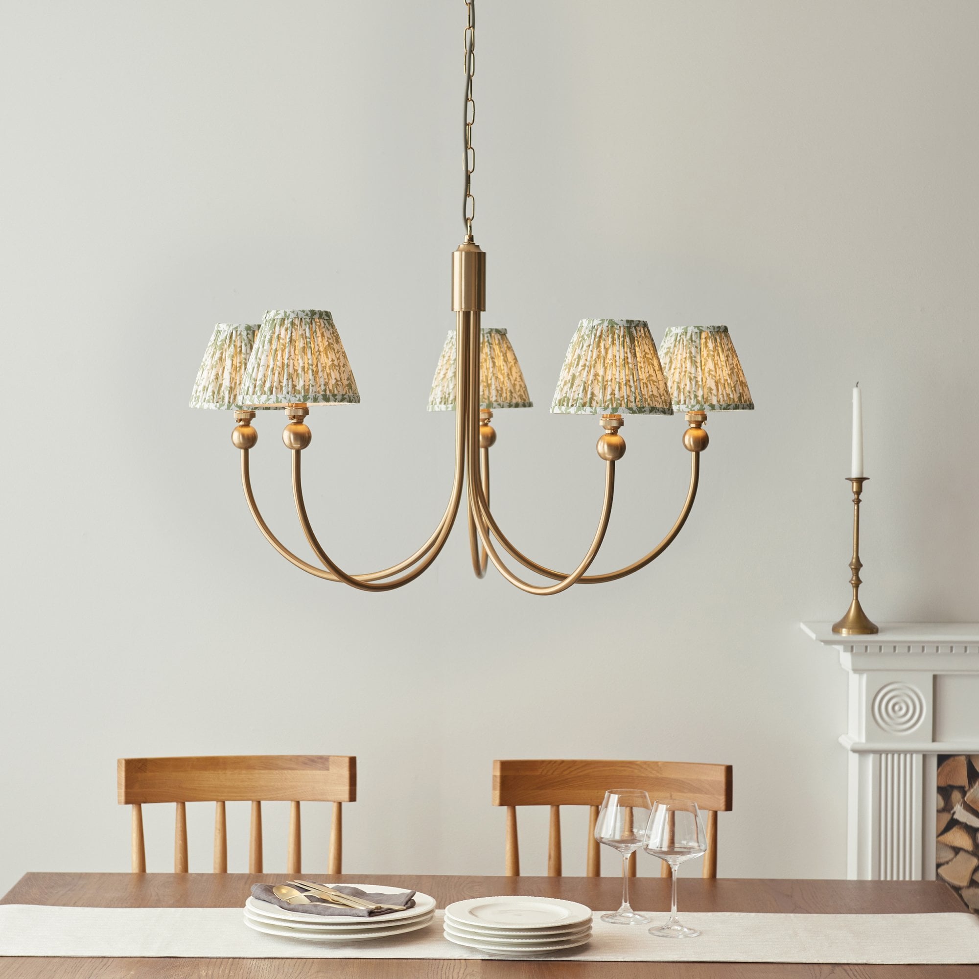 Endon Santiago Curved Brushed Aged Brass 5 Light Pendant & Leaf 16cm Herb Garden Green Shade