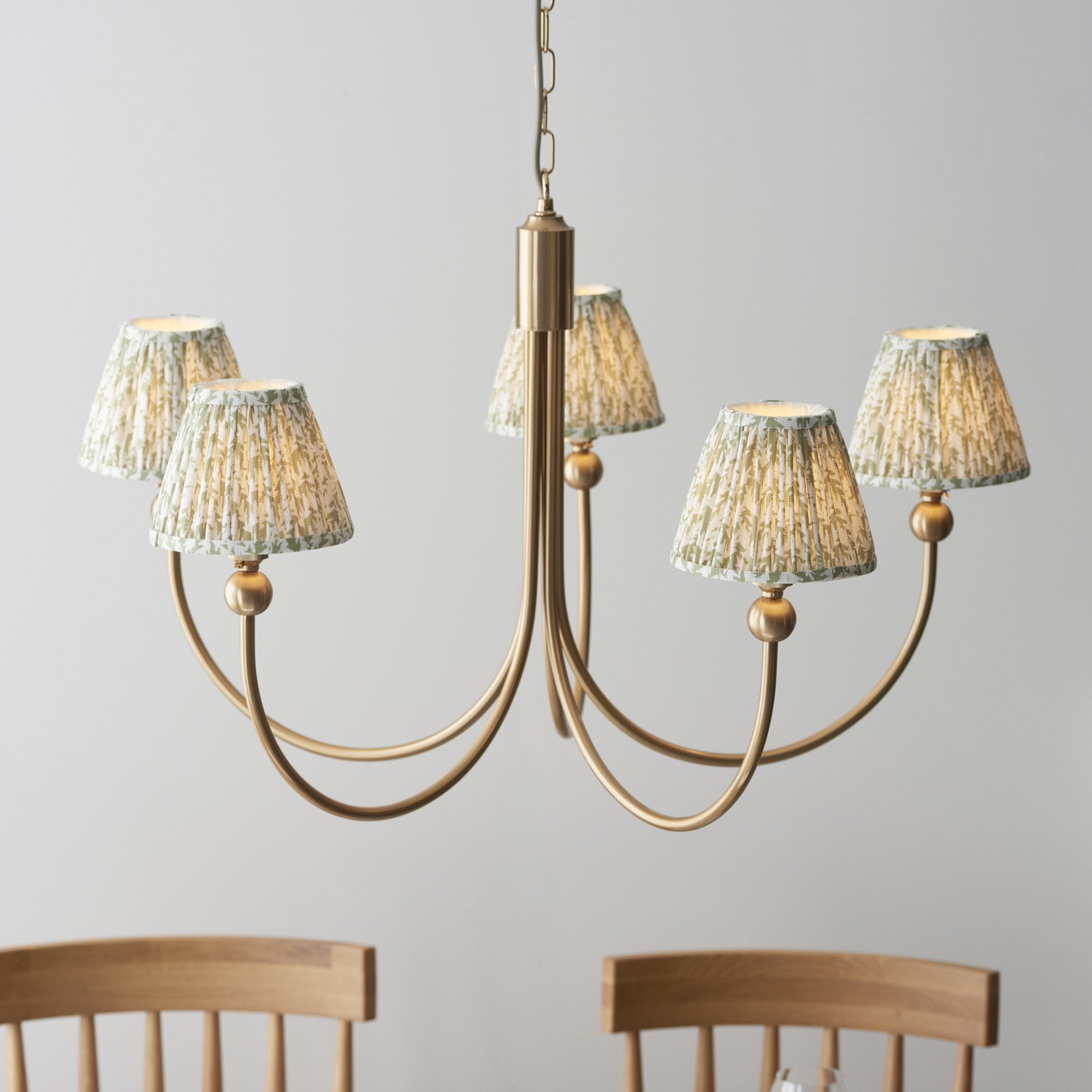 Endon Santiago Curved Brushed Aged Brass 5 Light Pendant & Leaf 16cm Herb Garden Green Shade