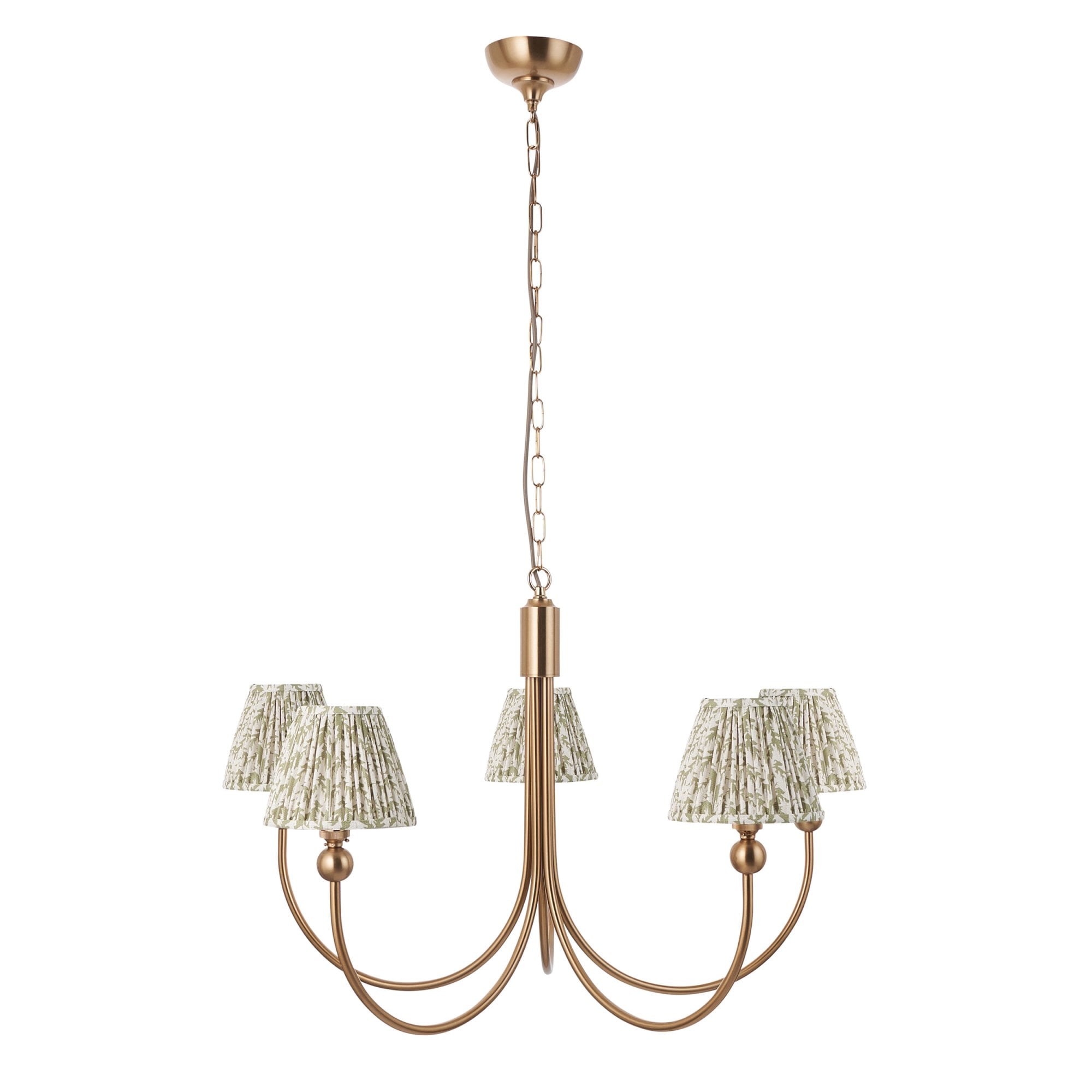 Endon Santiago Curved Brushed Aged Brass 5 Light Pendant & Leaf 16cm Herb Garden Green Shade