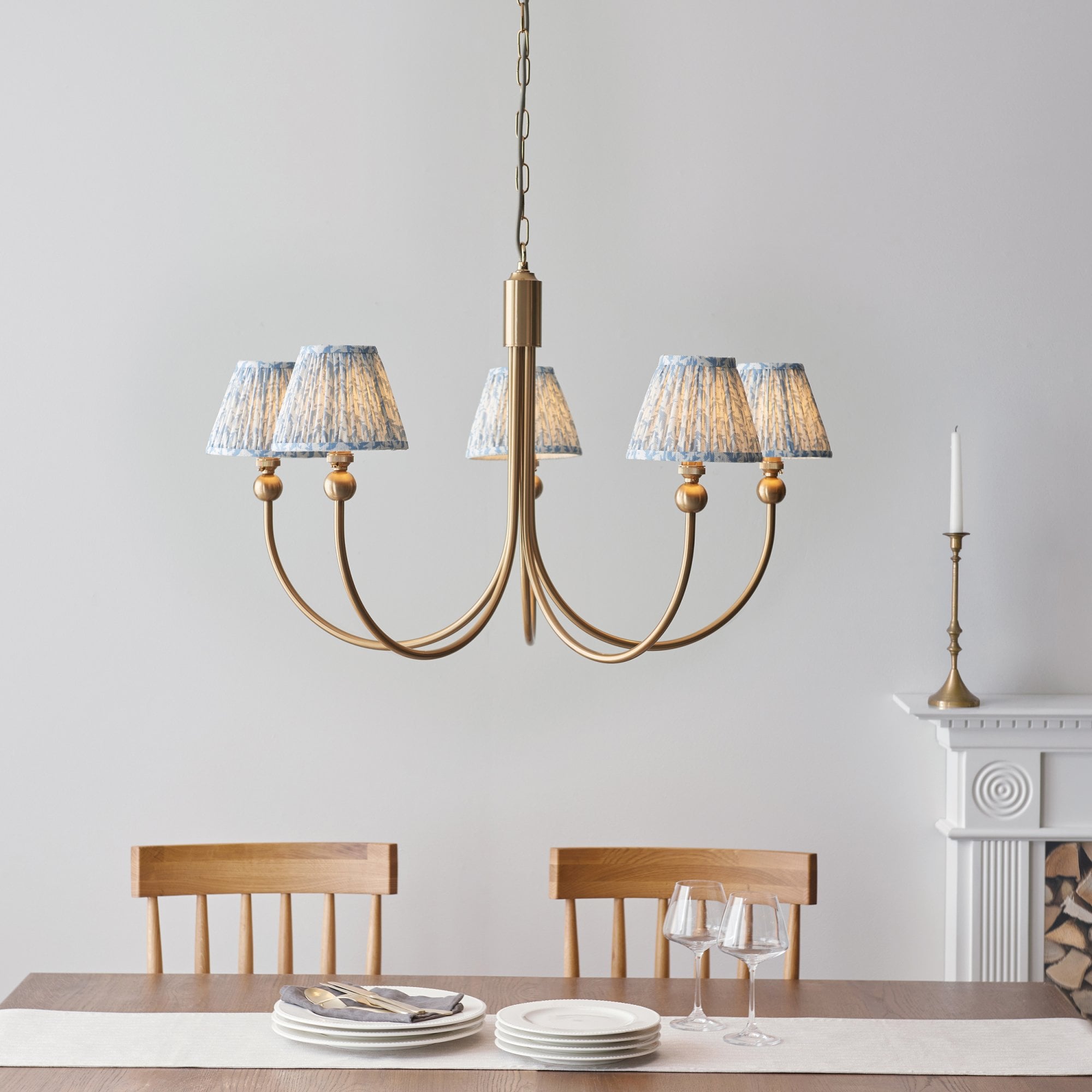 Endon Santiago Curved Brushed Aged Brass 5 Light Pendant & Leaf 16cm Shell Bay Blue Shade