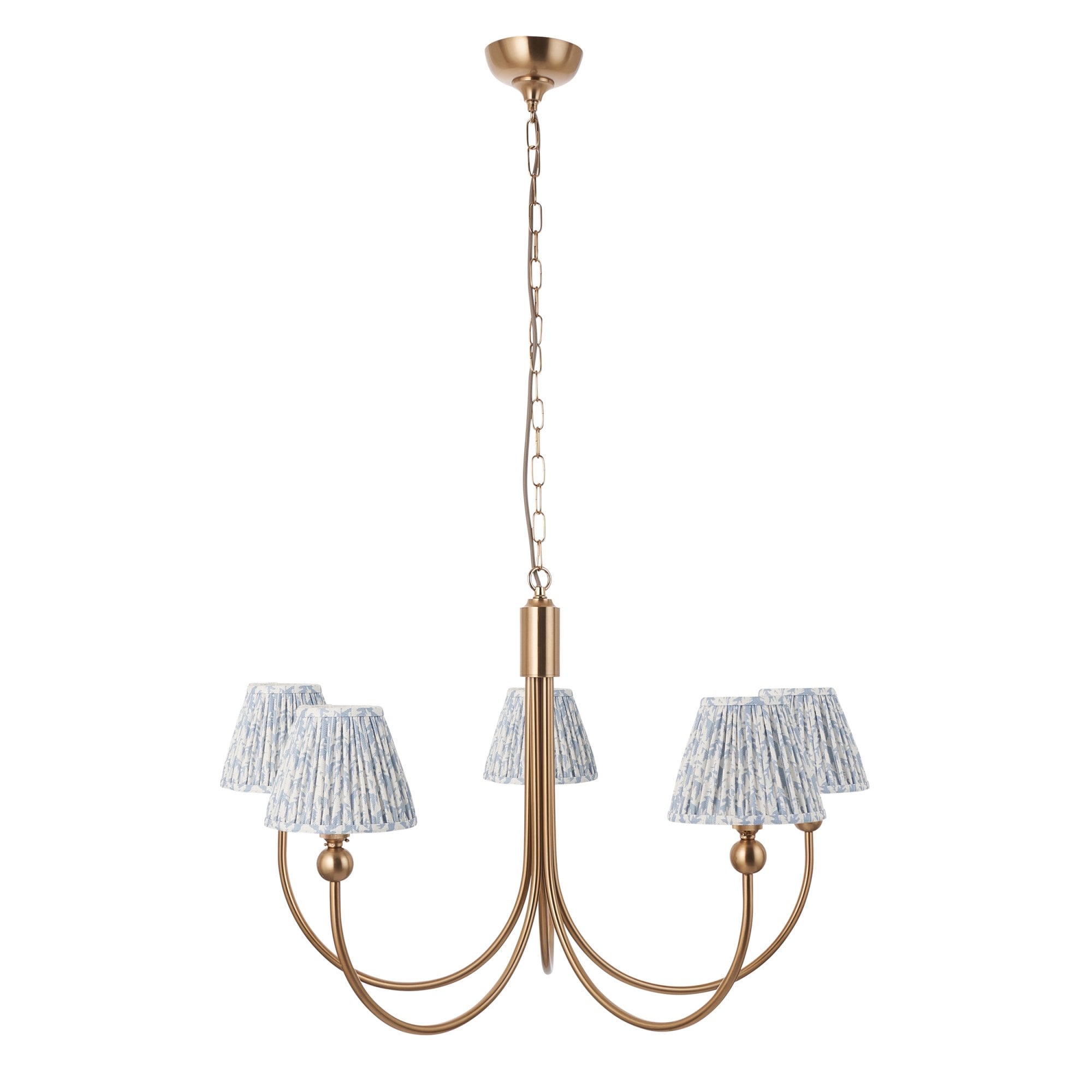 Endon Santiago Curved Brushed Aged Brass 5 Light Pendant & Leaf 16cm Shell Bay Blue Shade