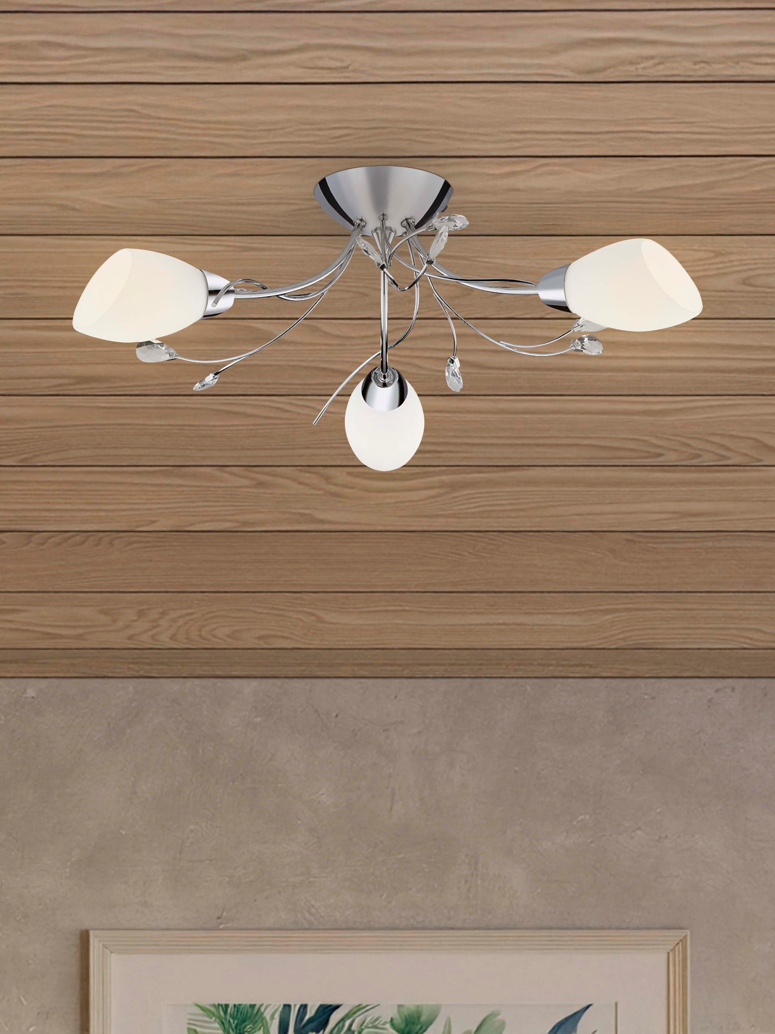 Searchlight Galton Chrome 3 Light Semi-Flush Fitting With Crystal Detail & Opal Glass Shades
