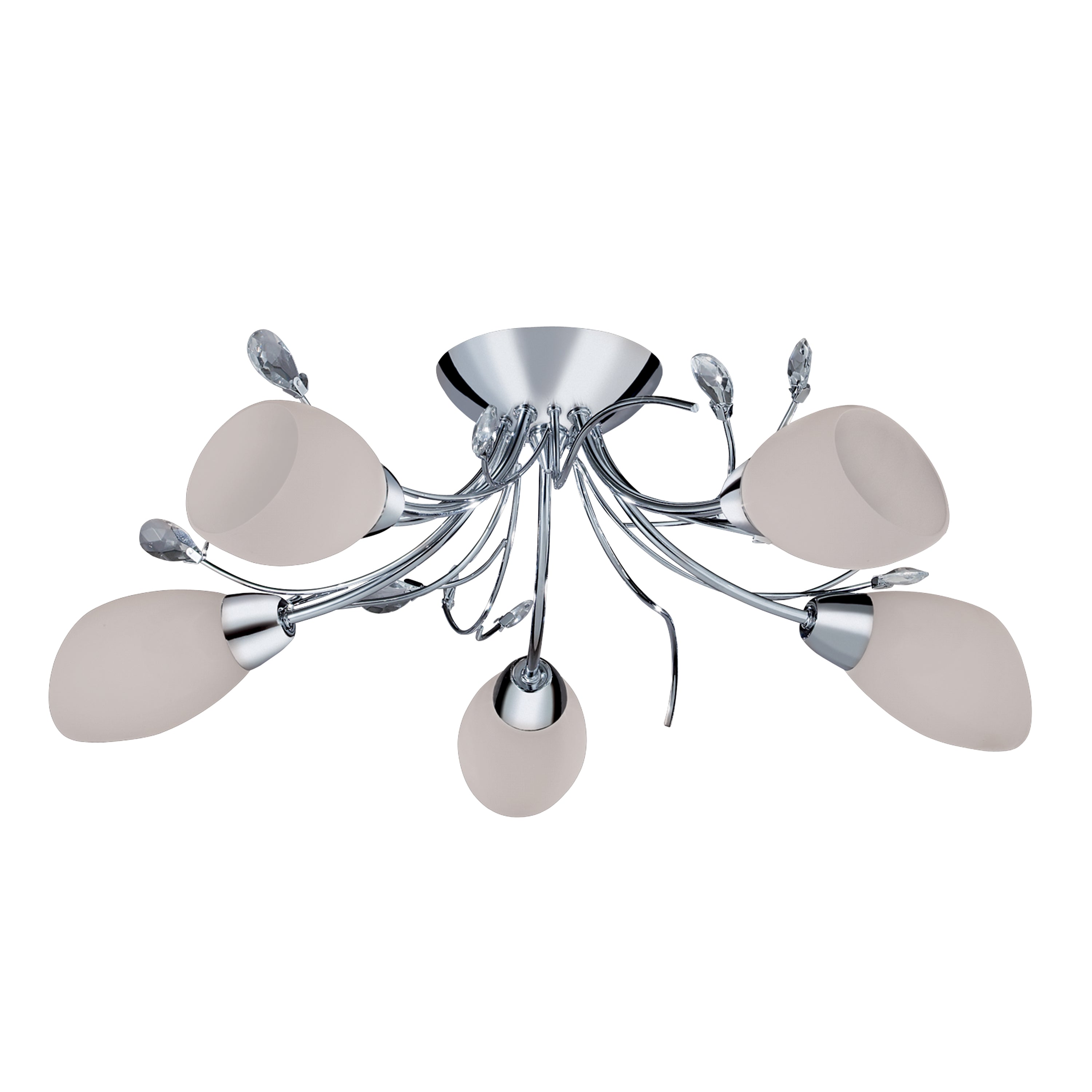 Searchlight Galton Chrome 5 Light Semi-Flush Fitting With Crystal Detail & Opal Glass Shades